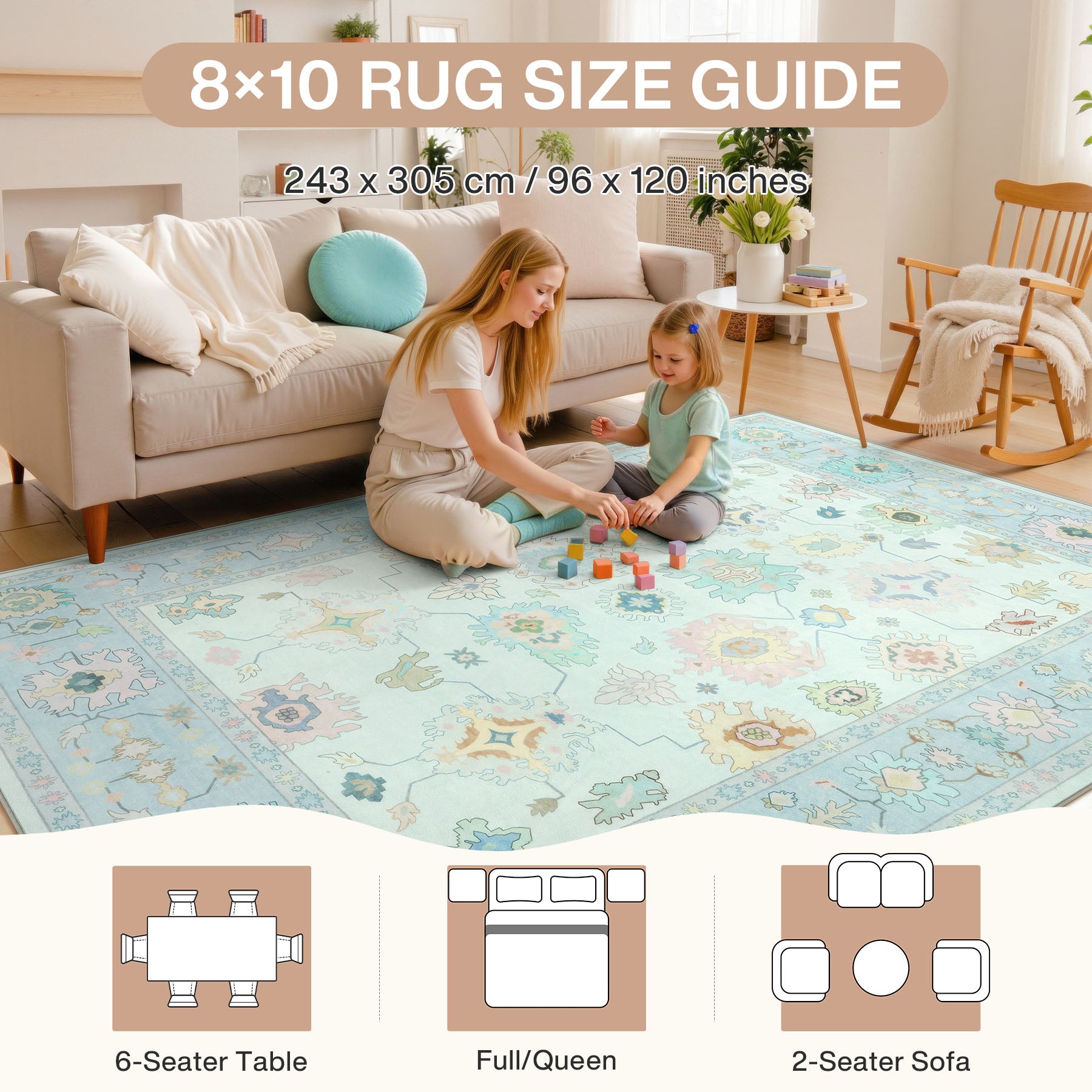 5x7/8x10/9x12 Boho Oushak Area Rug, Colorful Washable Non-Slip Indoor Carpet Oriental Floral, Oeko-Tex Certified