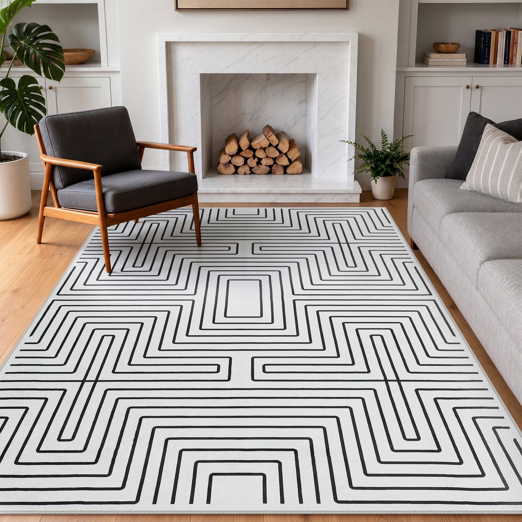 5x7/8x10 Machine Washable Area Rug, Modern Geometric Non-Slip Low Pile Indoor Carpet for Living Room, Oeko-Tex Certified