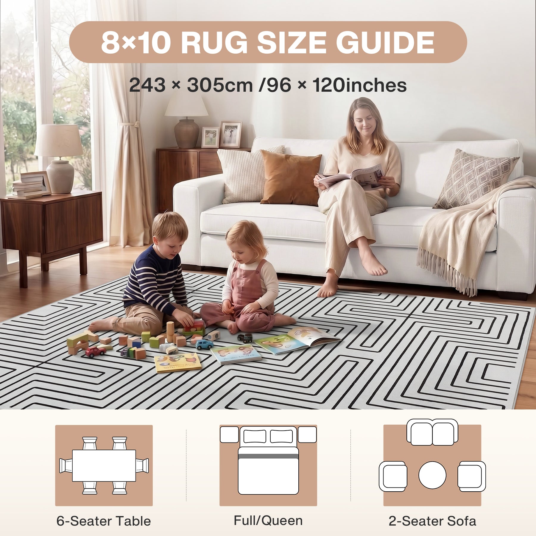 5x7/8x10 Machine Washable Area Rug, Modern Geometric Non-Slip Low Pile Indoor Carpet for Living Room, Oeko-Tex Certified