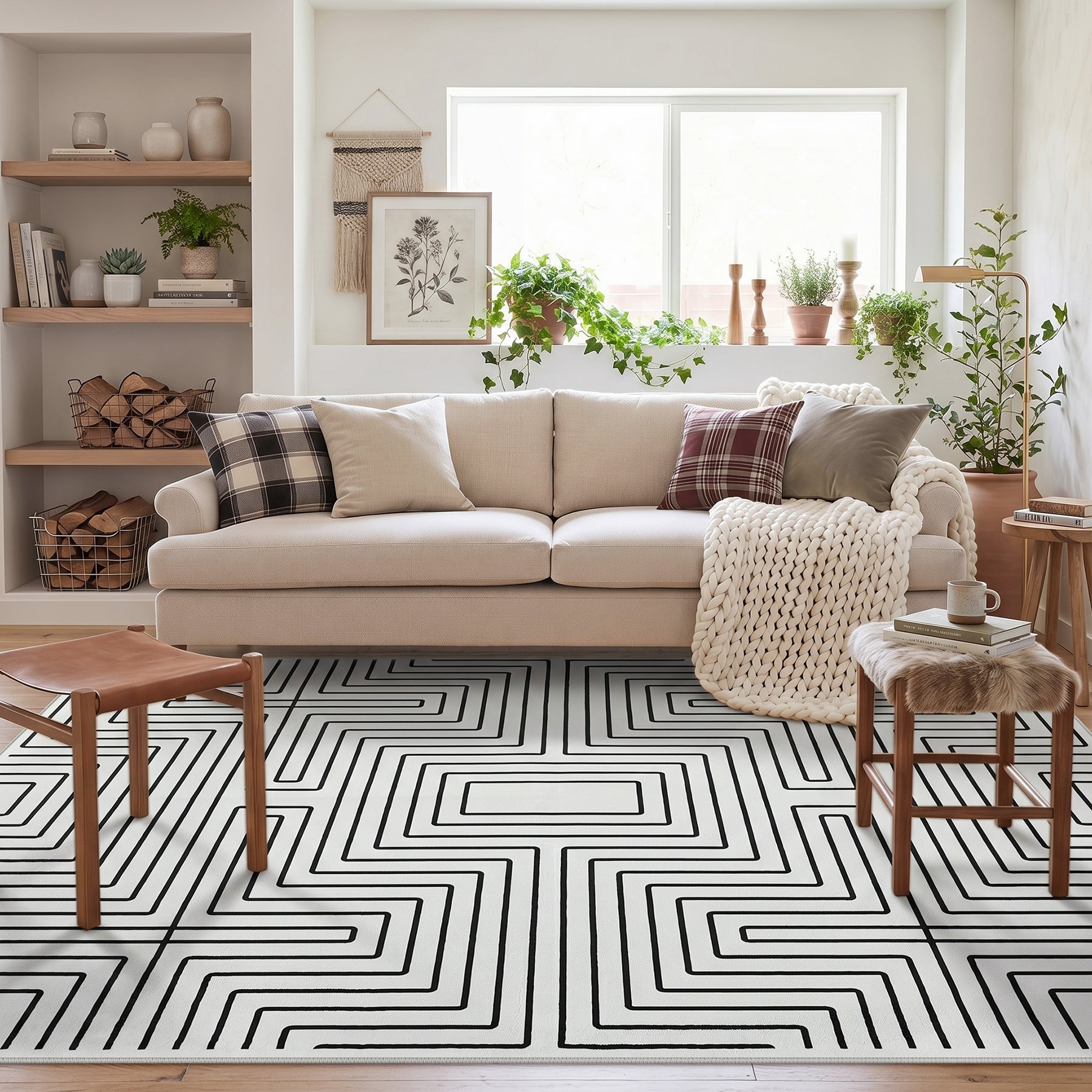 5x7/8x10 Machine Washable Area Rug, Modern Geometric Non-Slip Low Pile Indoor Carpet for Living Room, Oeko-Tex Certified