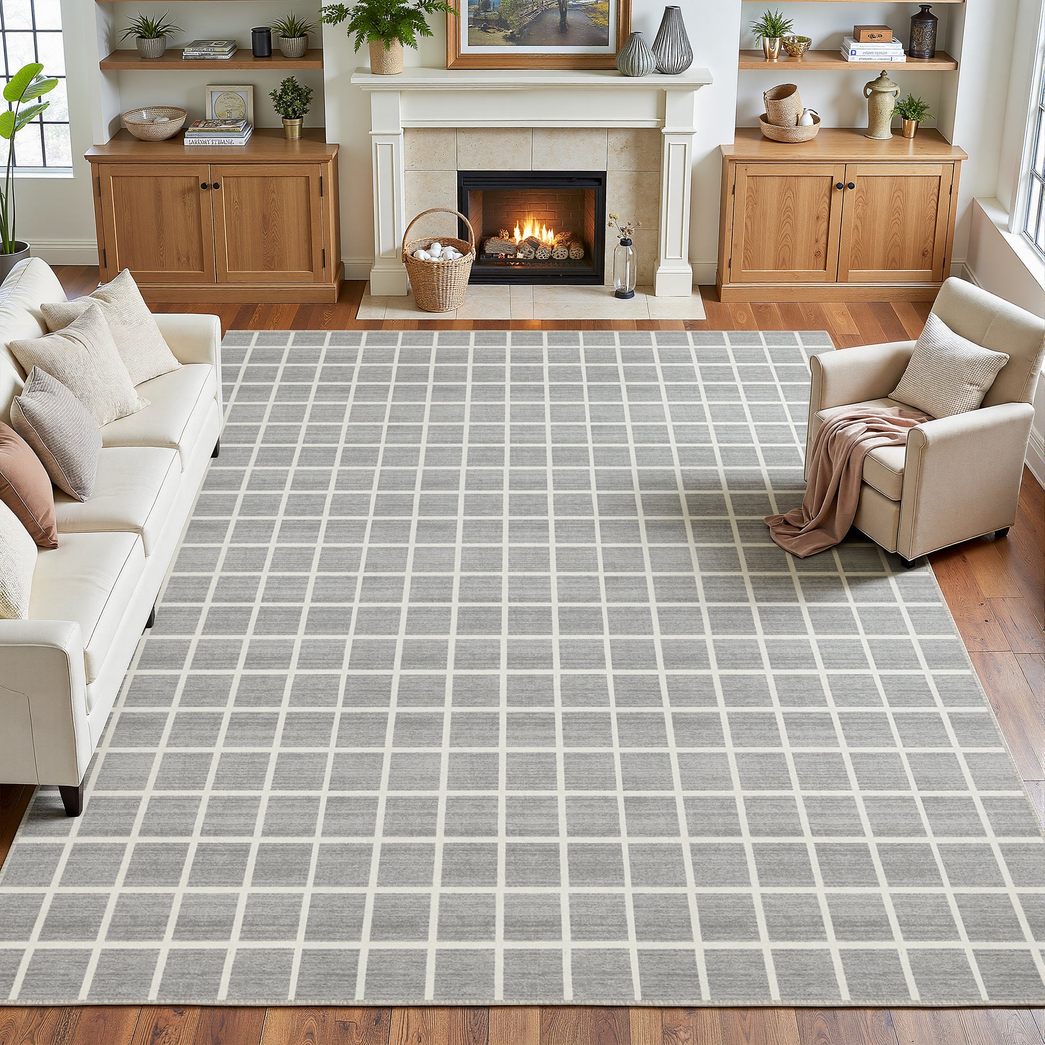 5x7/8x10 Modern Plaid Area Rug, Checkered Washable Rug Soft Non-Slip Ultra Thin Throw Carpet for Living Room, Oeko-Tex Certified