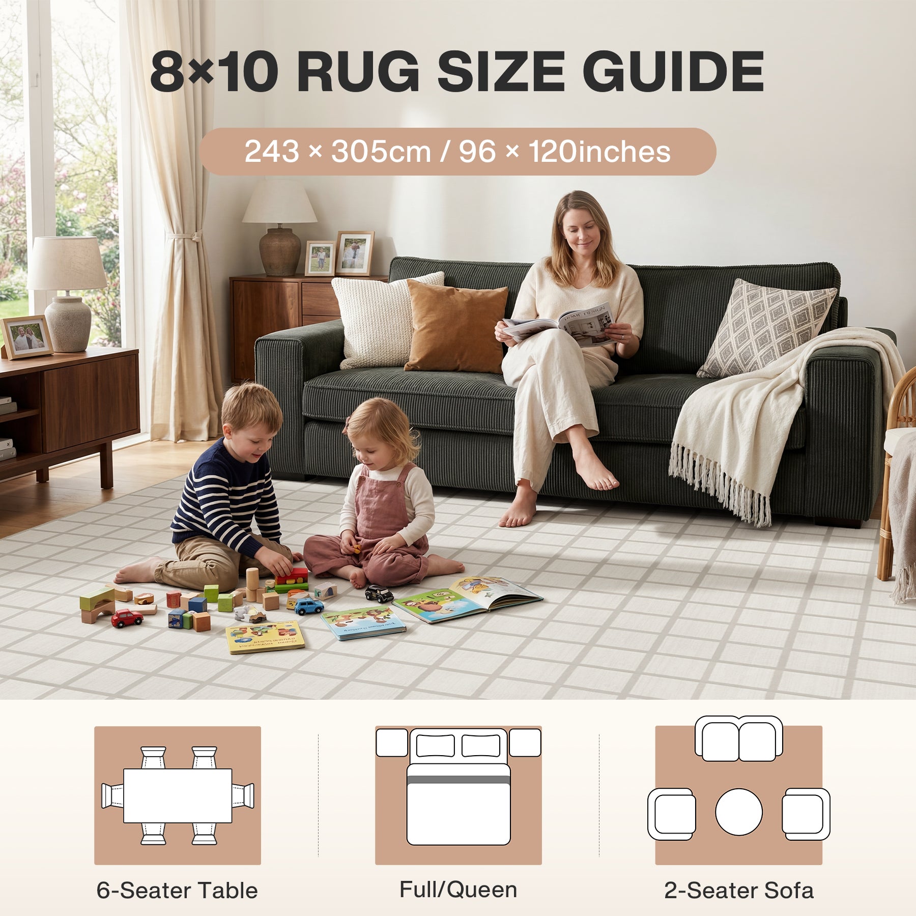 5x7/8x10 Modern Plaid Area Rug, Checkered Washable Rug Soft Non-Slip Ultra Thin Throw Carpet for Living Room, Oeko-Tex Certified