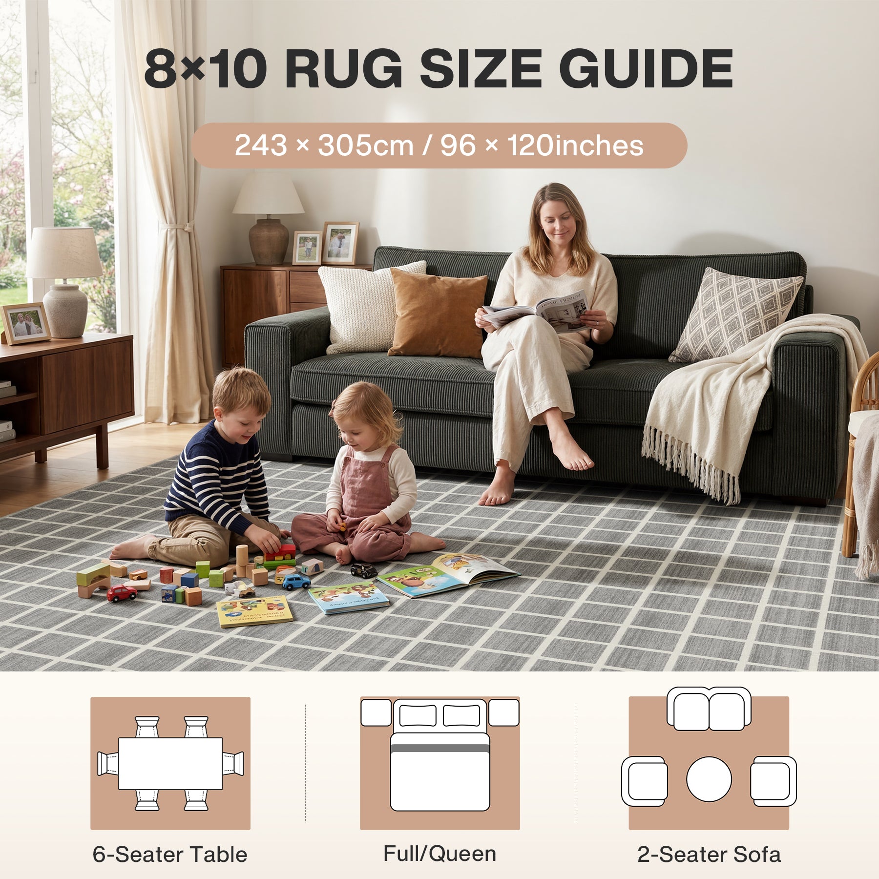 5x7/8x10 Modern Plaid Area Rug, Checkered Washable Rug Soft Non-Slip Ultra Thin Throw Carpet for Living Room, Oeko-Tex Certified