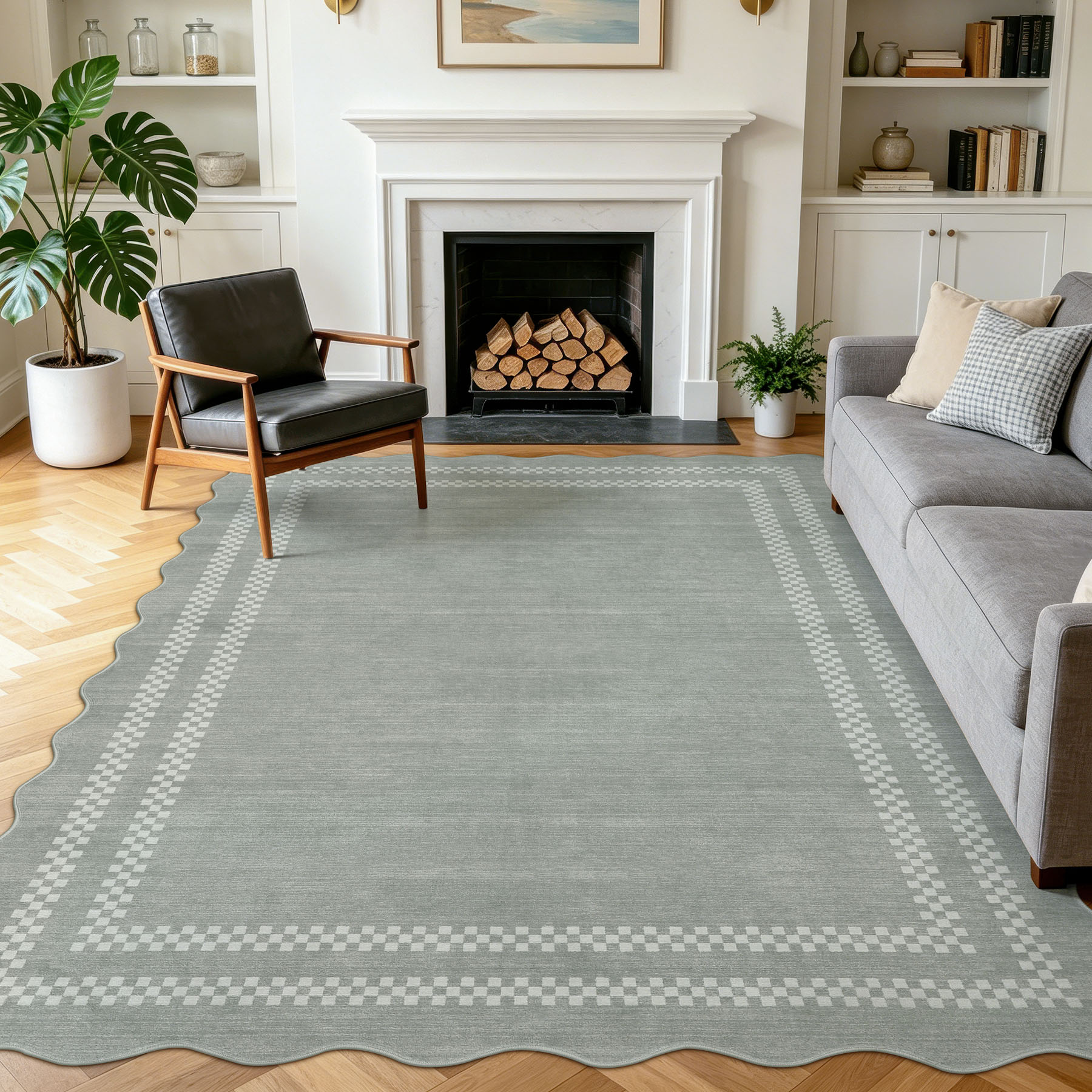 5x7/8x10 Scalloped Washable Area Rugs, Soft Geometric Non-Slip Indoor Rug for Living Room Bedroom, Oeko-Tex Certified