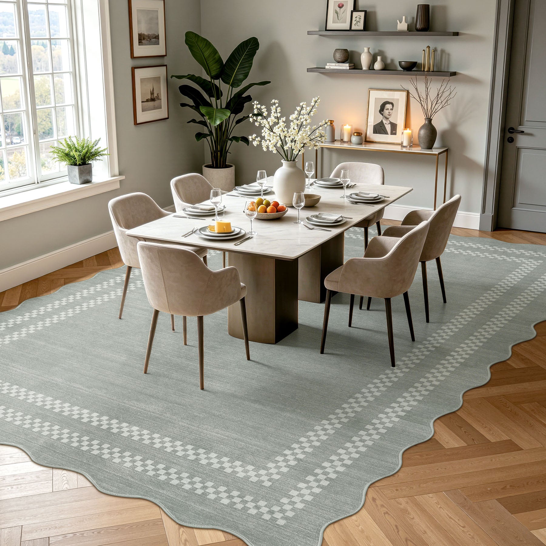 5x7/8x10 Scalloped Washable Area Rugs, Soft Geometric Non-Slip Indoor Rug for Living Room Bedroom, Oeko-Tex Certified
