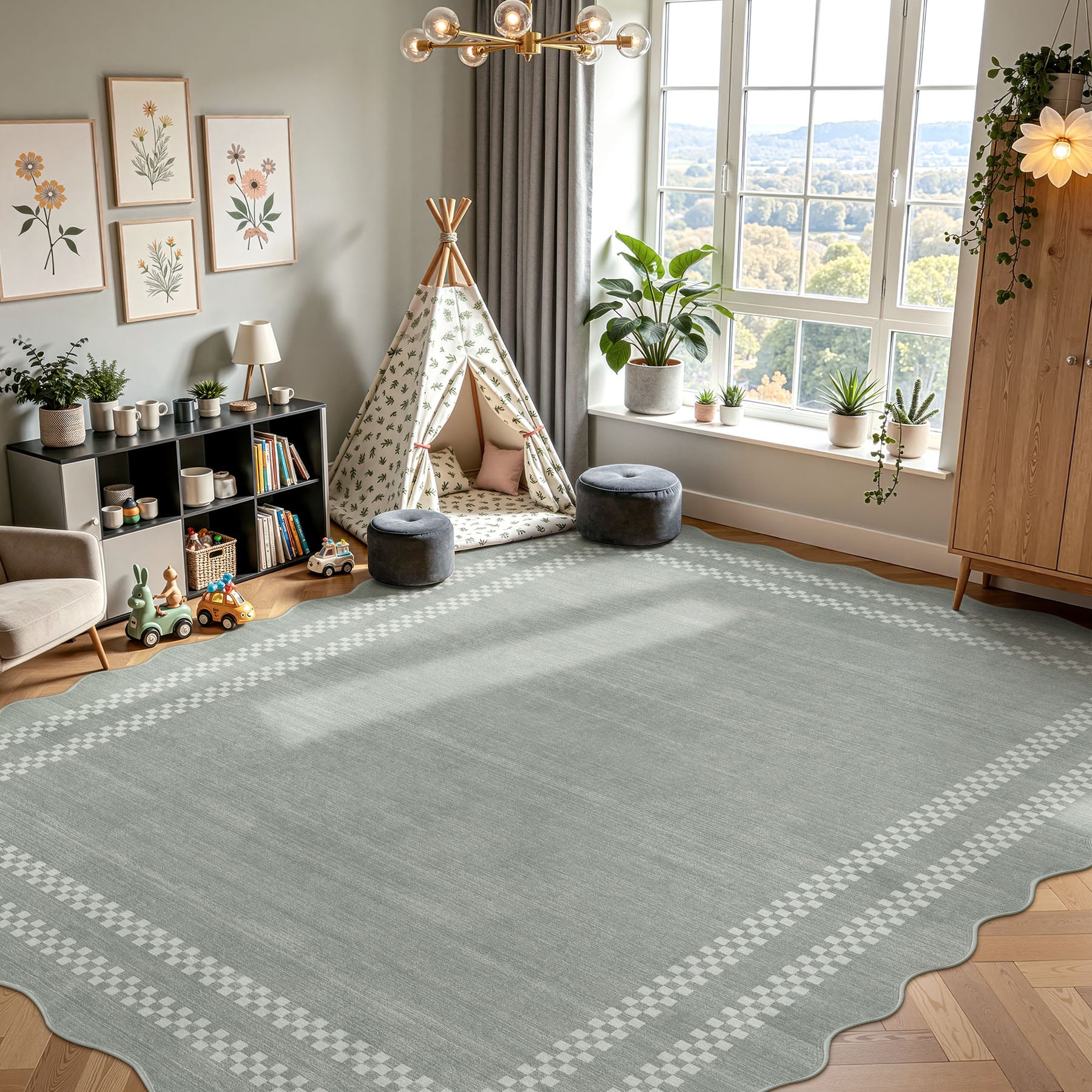 5x7/8x10 Scalloped Washable Area Rugs, Soft Geometric Non-Slip Indoor Rug for Living Room Bedroom, Oeko-Tex Certified