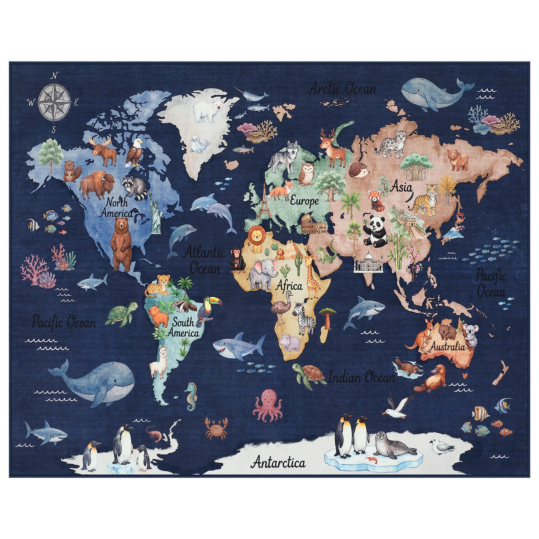Kids Playroom Rug, Blue Washable World Map Rug – Soft Non-Slip Animal Ocean Play Mat