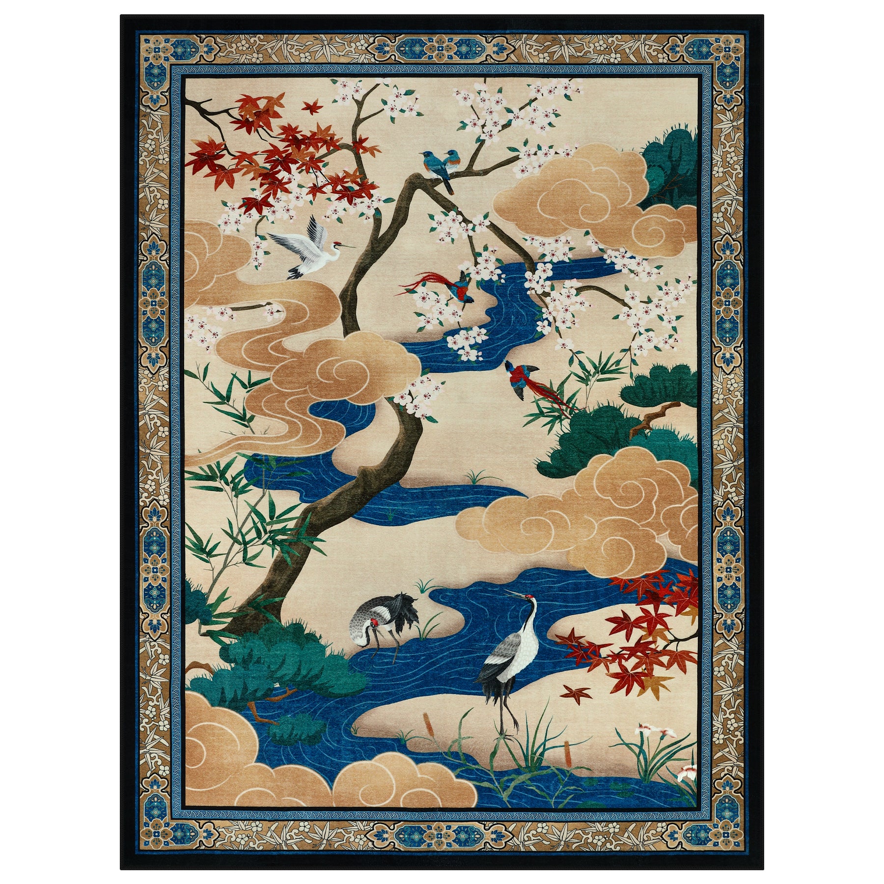 Floral Cherry Blossom Oriental Rug – Soft Non-Slip Washable Carpet for Living Room, Bedroom, Oeko-Tex Certified