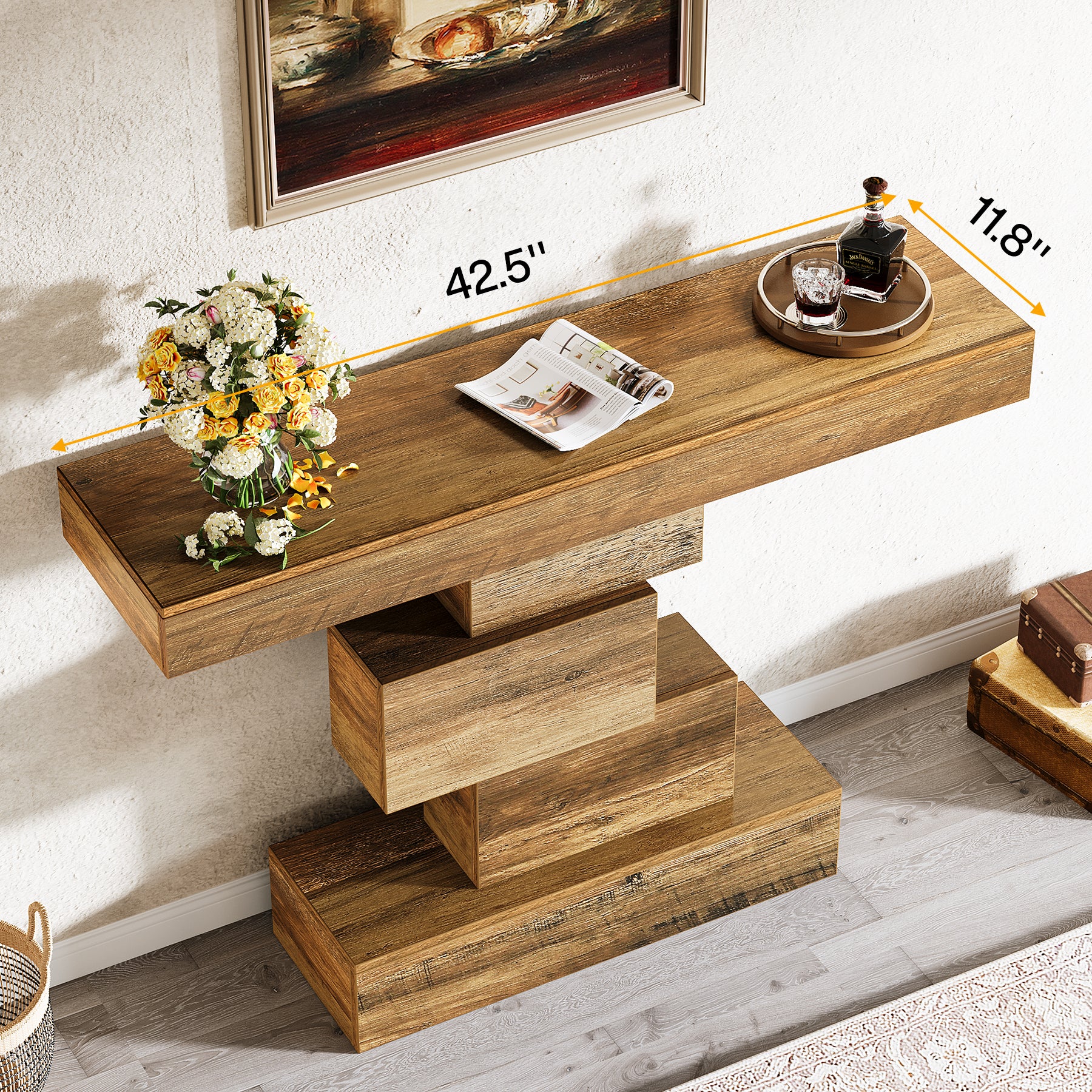 42.5" Rustic Brown Farmhouse Console, Industrial Geometric Sofa Table for Hallway Entrance