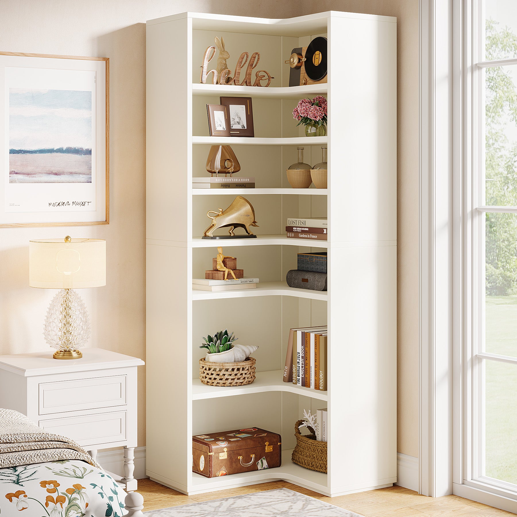 9-Tier Corner Bookshelf, Modern L-Shaped Bookcase Display Shelf