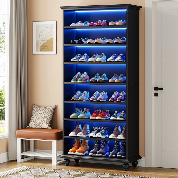 9-Tier Wood Shoe Cabinet Rack with LED Lighting & Solid Wood Legs Tribesigns