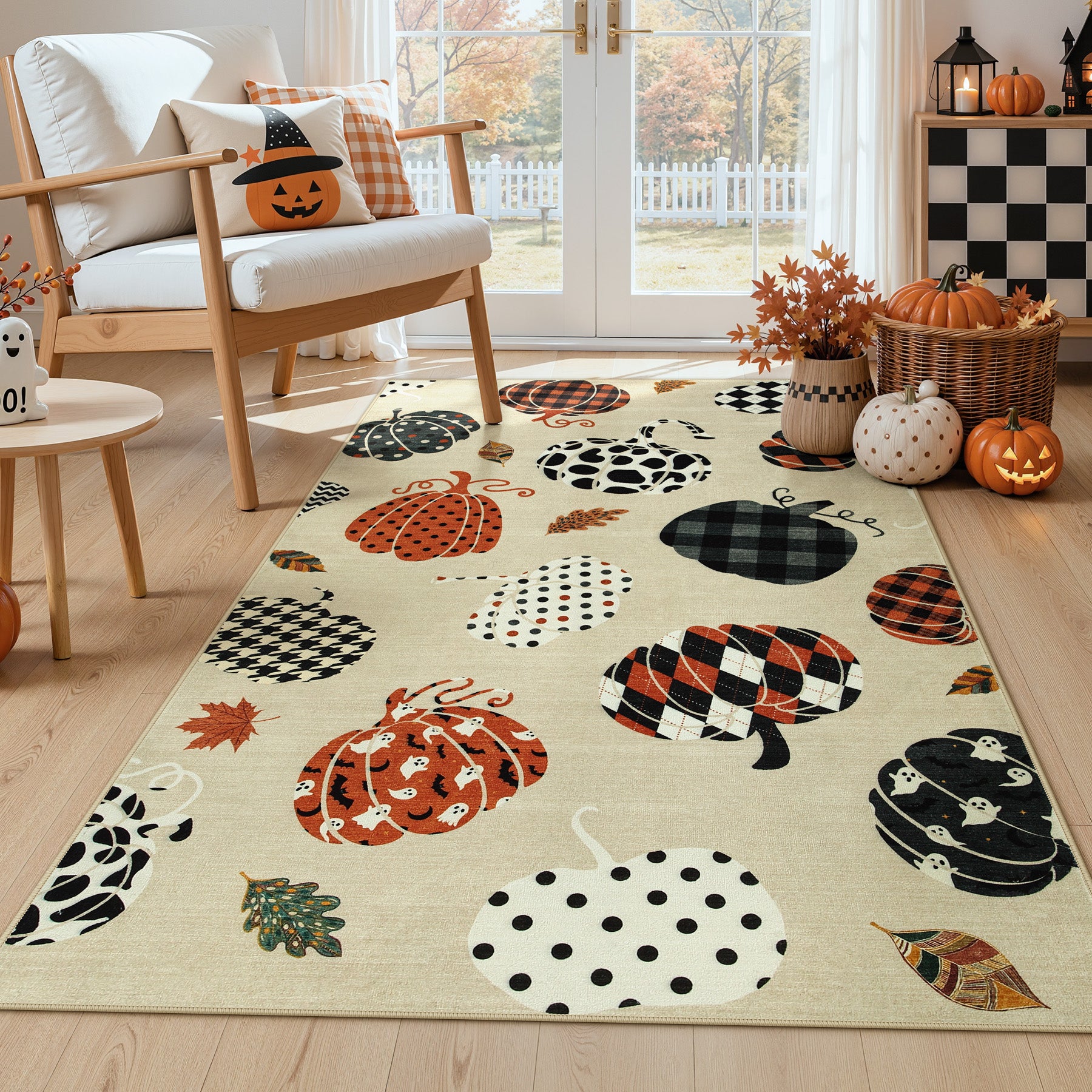 Multiple Sizes Fall Pumpkin Area Rug, Rectangular Washable Non-Slip Halloween Farmhouse Runner Rug