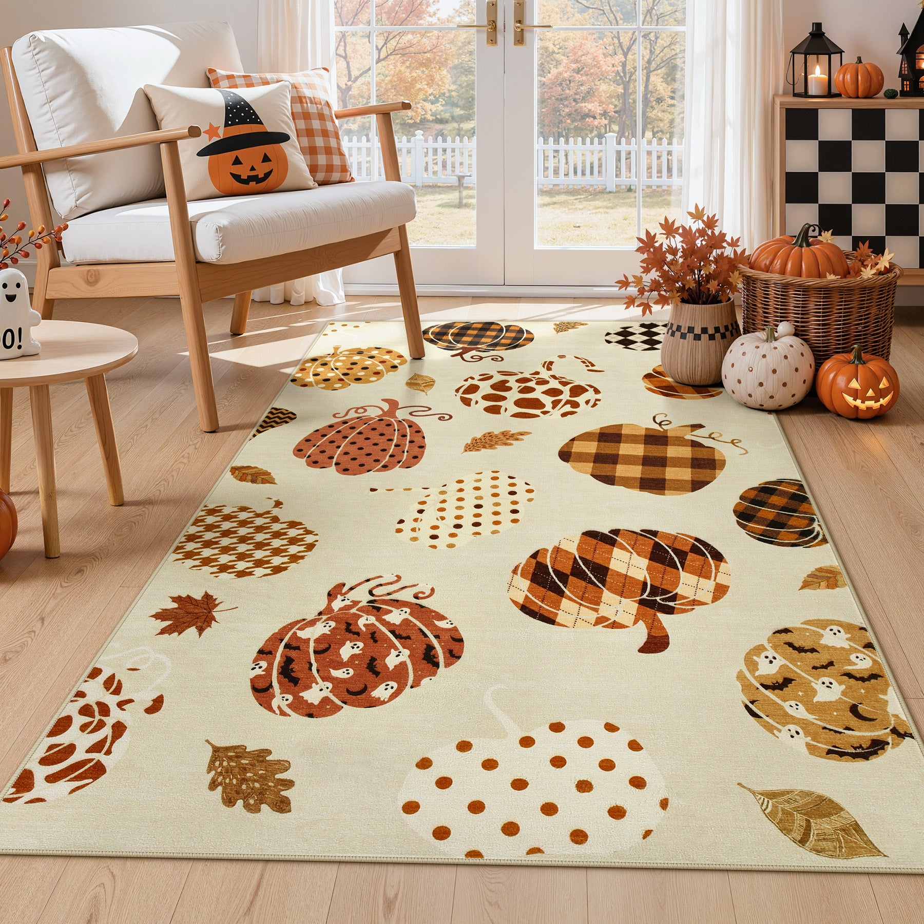 Multiple Sizes Fall Pumpkin Area Rug, Rectangular Washable Non-Slip Halloween Farmhouse Runner Rug