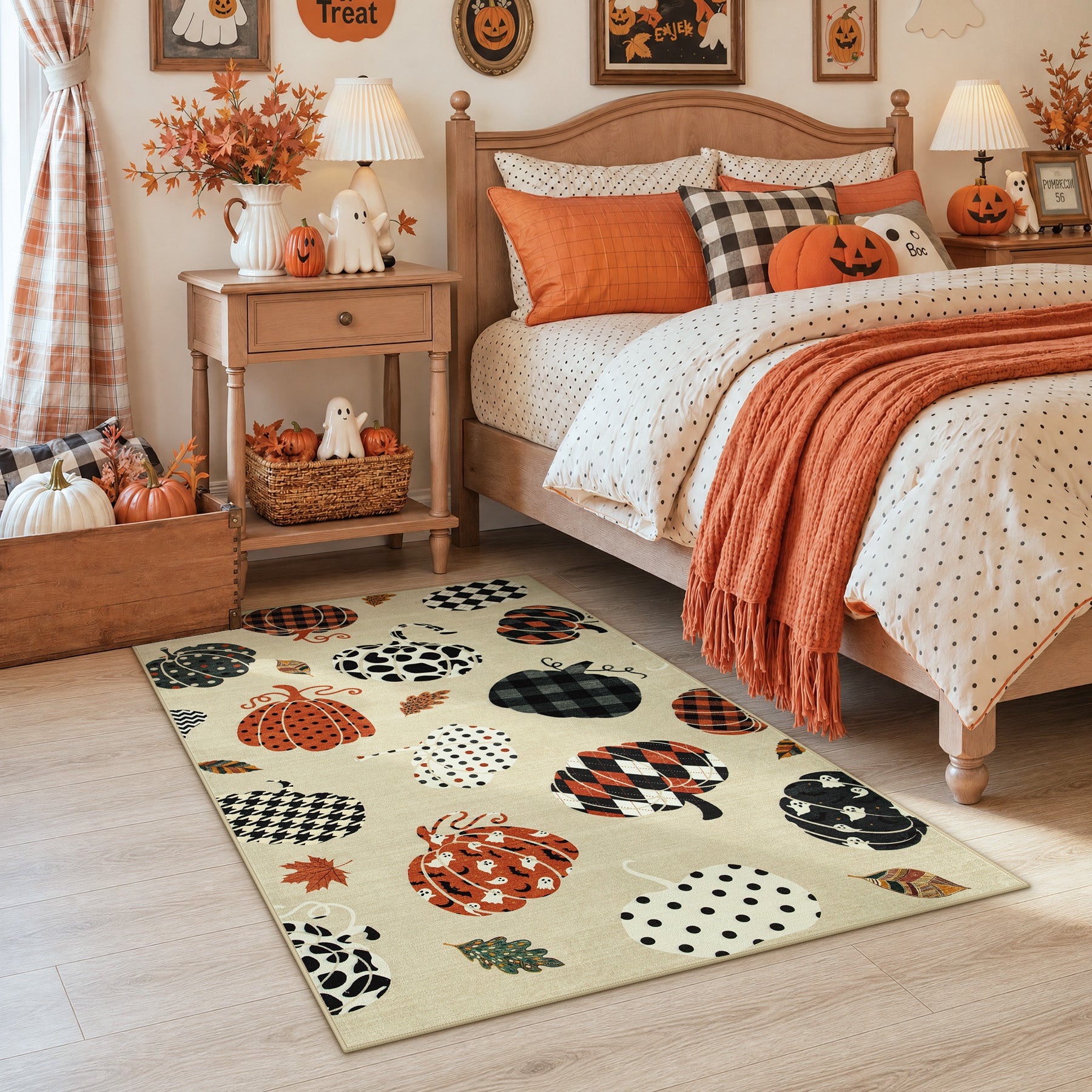 Multiple Sizes Fall Pumpkin Area Rug, Rectangular Washable Non-Slip Halloween Farmhouse Runner Rug