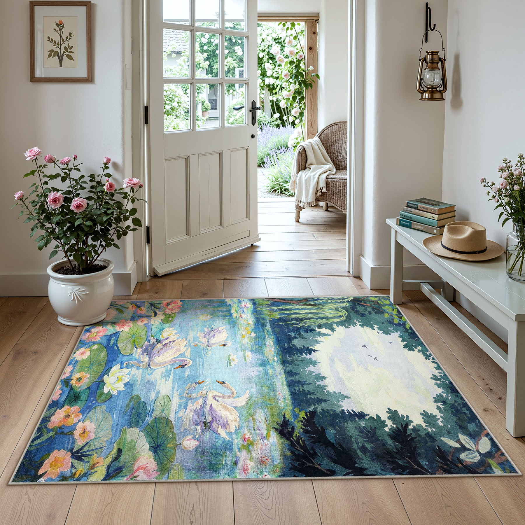 3x5/5x7 Swan Lake in oil painting style Area Rugs, Washable Living Room Runner Soft Non Slip Carpet, Oeko-Tex Certified