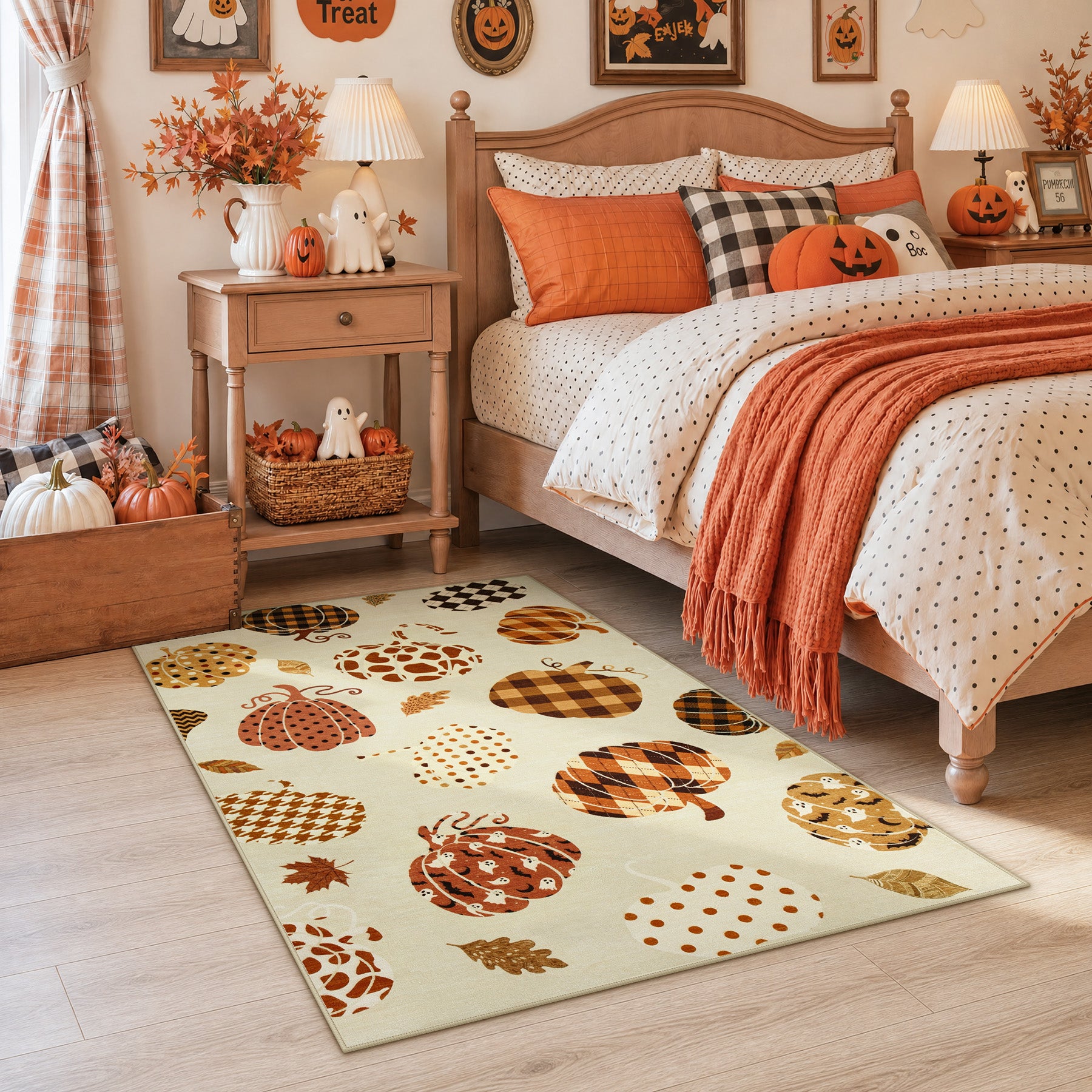 Multiple Sizes Fall Pumpkin Area Rug, Rectangular Washable Non-Slip Halloween Farmhouse Runner Rug