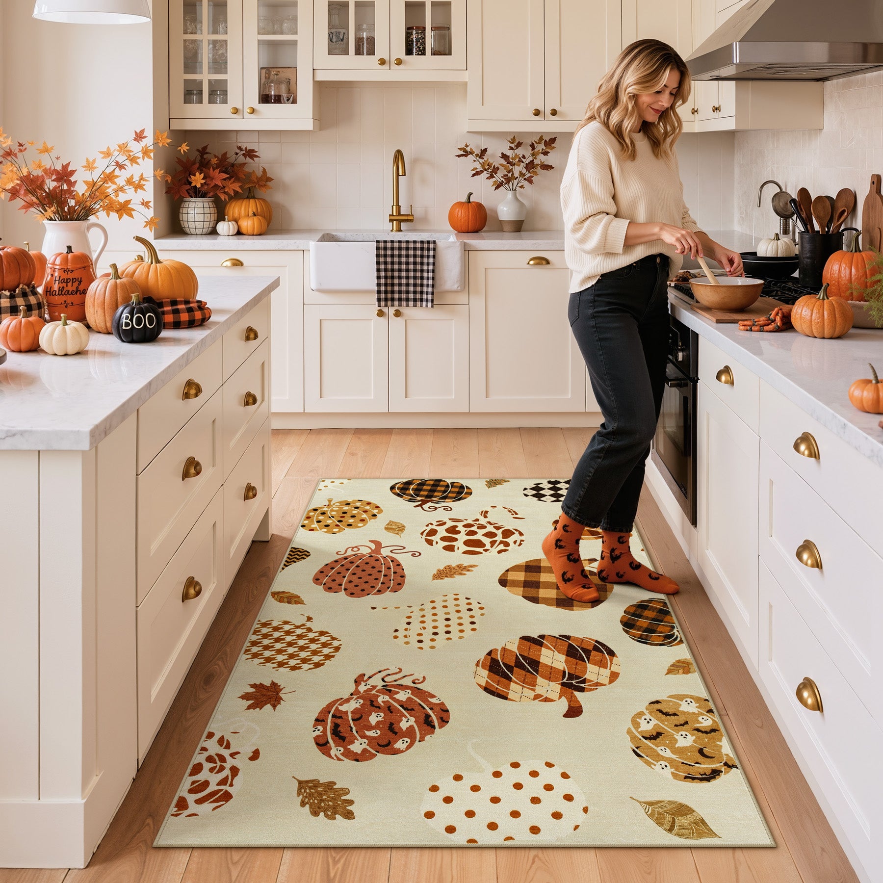 Multiple Sizes Fall Pumpkin Area Rug, Rectangular Washable Non-Slip Halloween Farmhouse Runner Rug