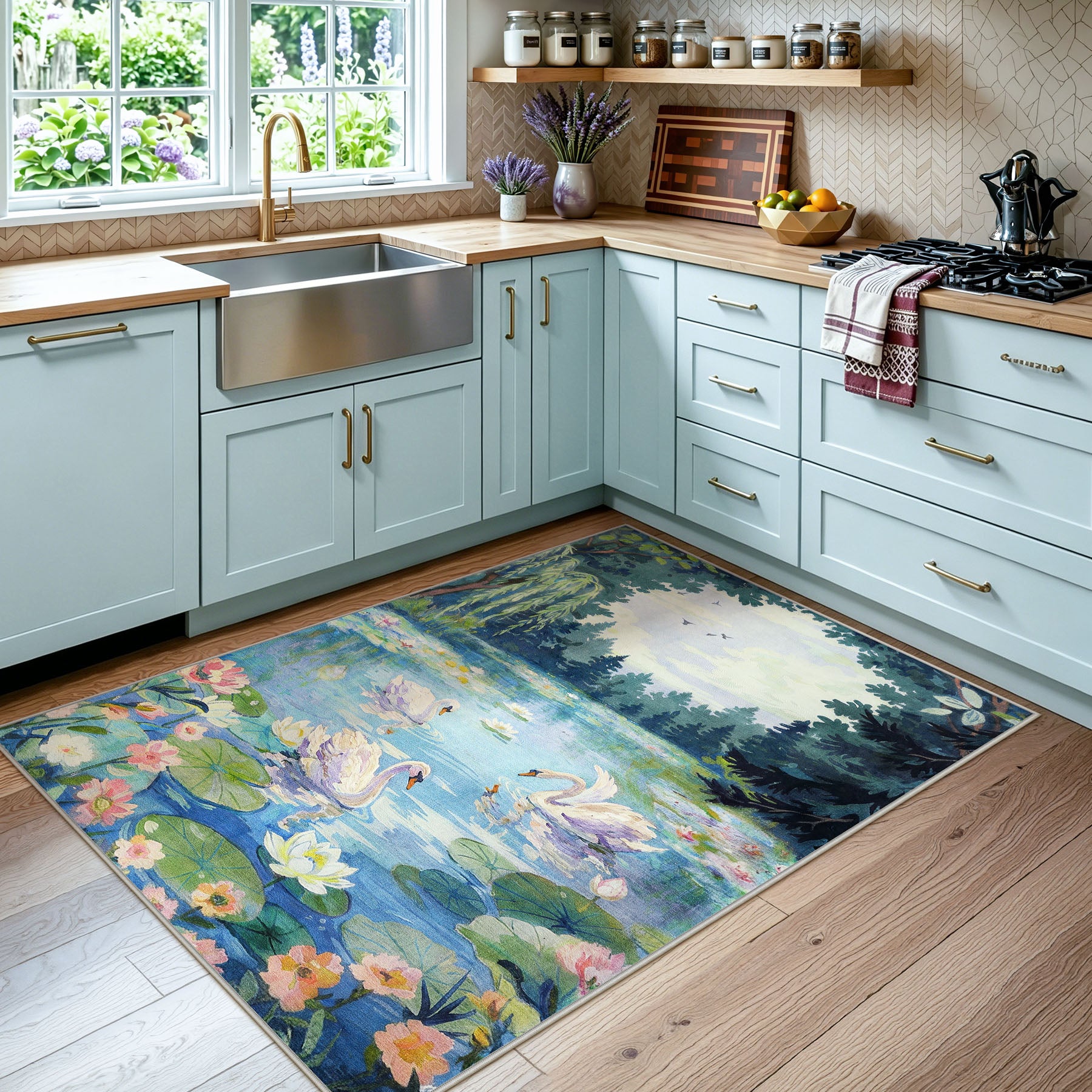 3x5/5x7 Swan Lake in oil painting style Area Rugs, Washable Living Room Runner Soft Non Slip Carpet, Oeko-Tex Certified