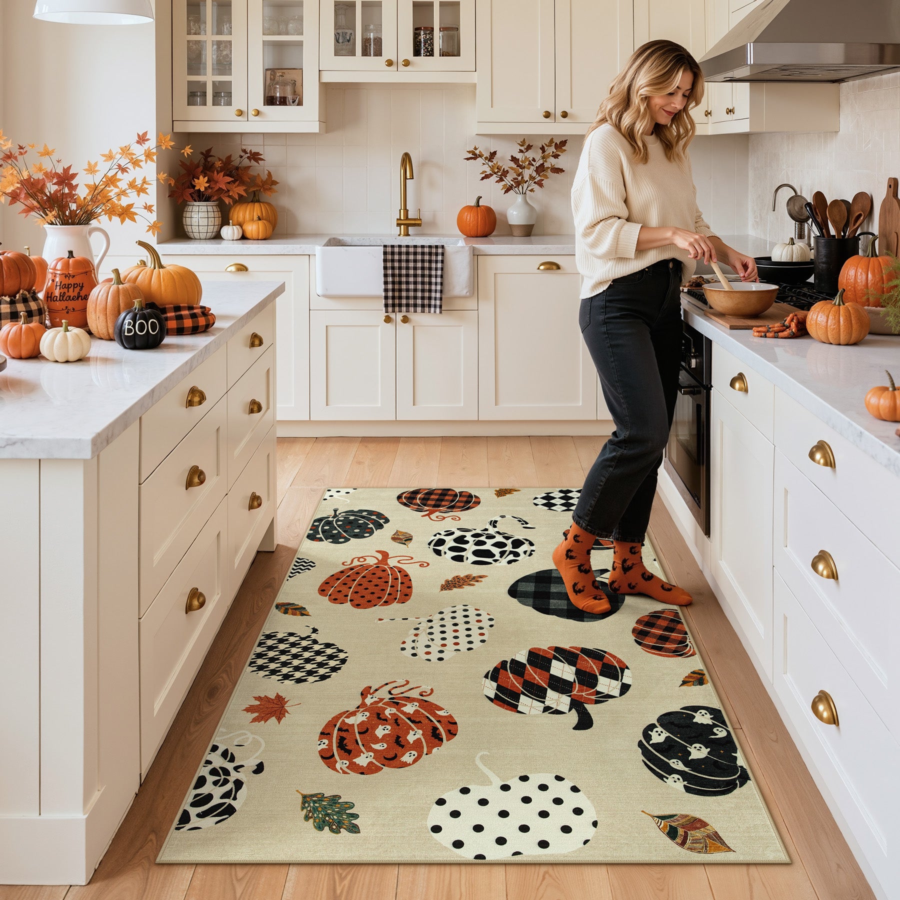 Multiple Sizes Fall Pumpkin Area Rug, Rectangular Washable Non-Slip Halloween Farmhouse Runner Rug