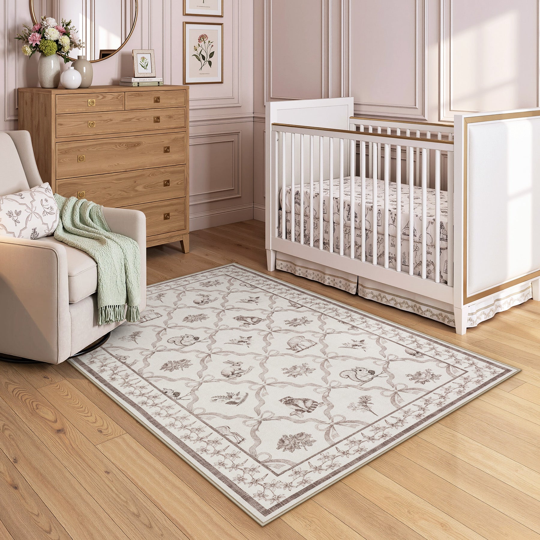 3x5/5x7 Boho Animal Floral Area Rugs for Living Room, Bow Soft Washable Non-Slip Low Pile Carpet, Oeko-Tex Certified