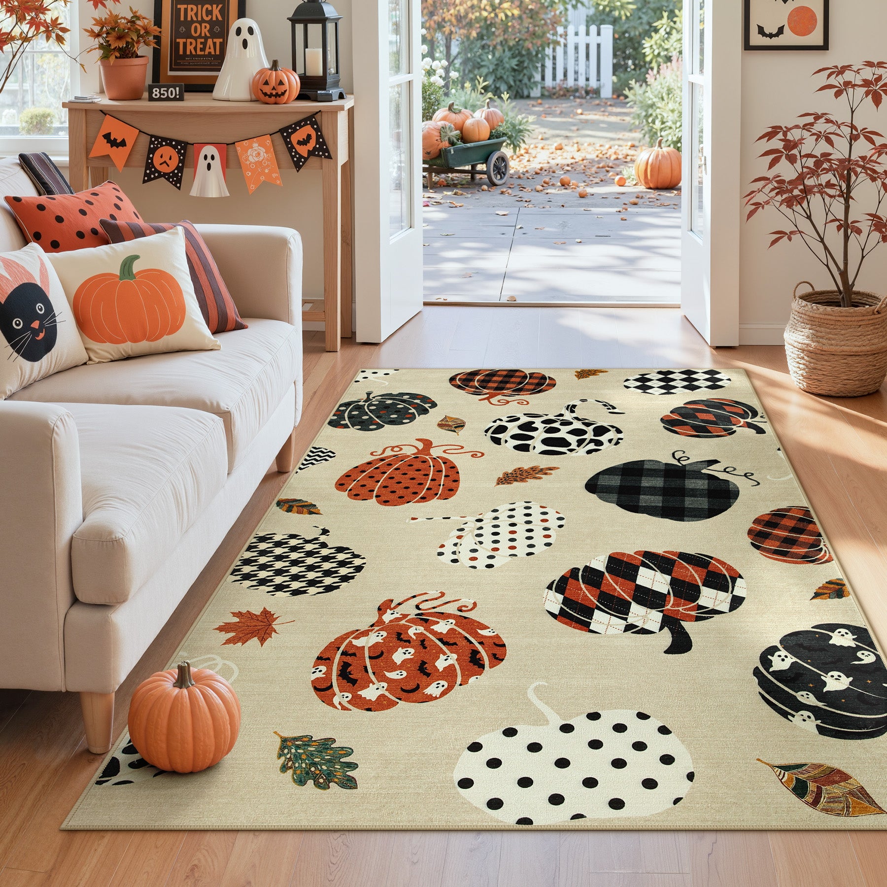Multiple Sizes Fall Pumpkin Area Rug, Rectangular Washable Non-Slip Halloween Farmhouse Runner Rug