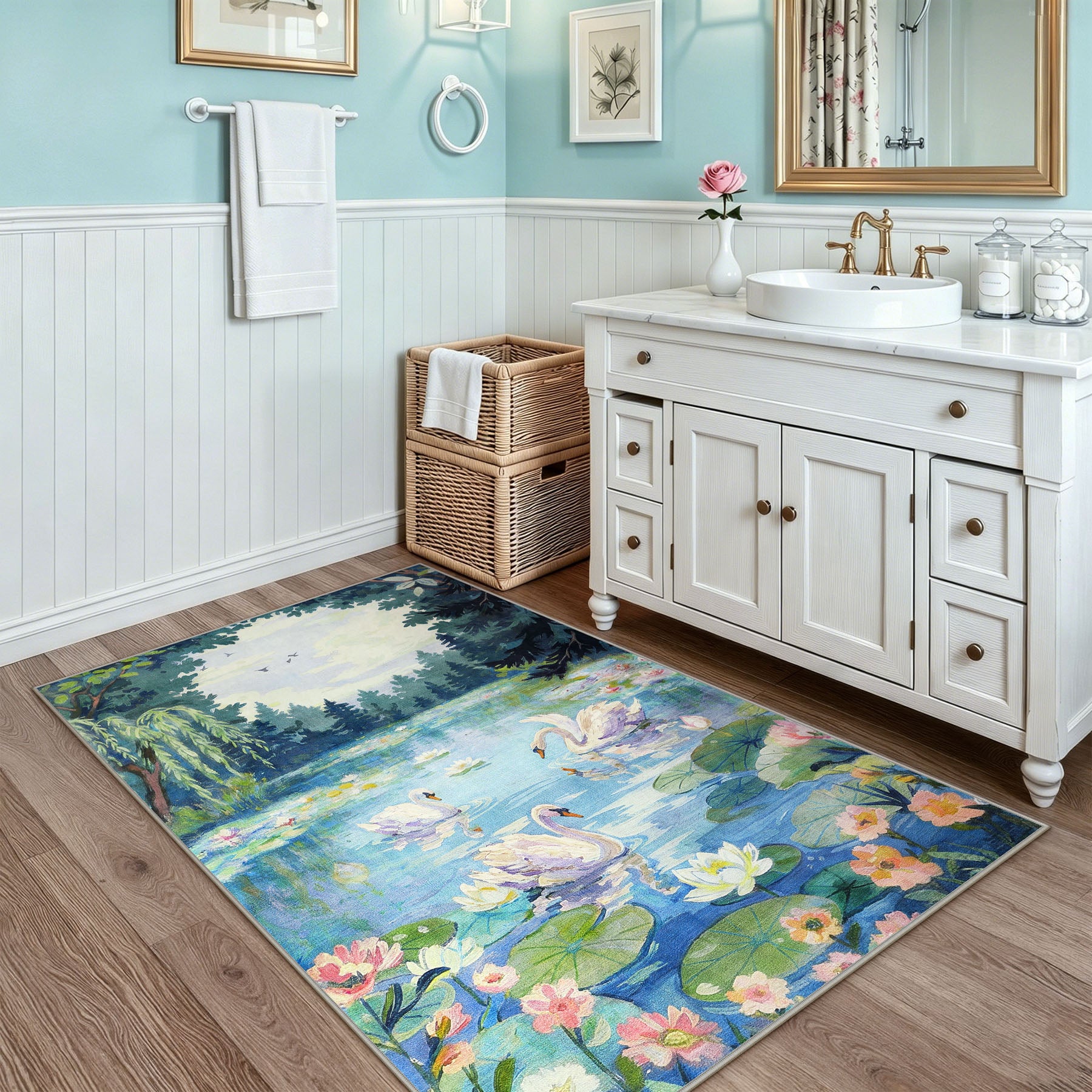 3x5/5x7 Swan Lake in oil painting style Area Rugs, Washable Living Room Runner Soft Non Slip Carpet, Oeko-Tex Certified