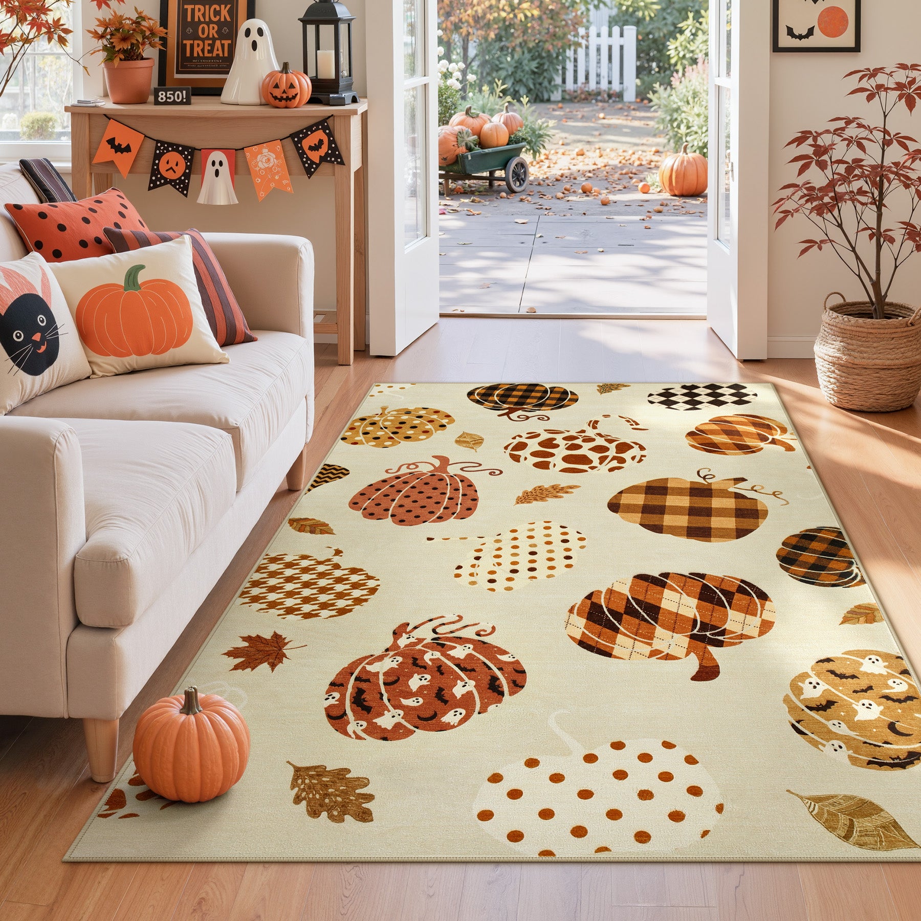 Multiple Sizes Fall Pumpkin Area Rug, Rectangular Washable Non-Slip Halloween Farmhouse Runner Rug
