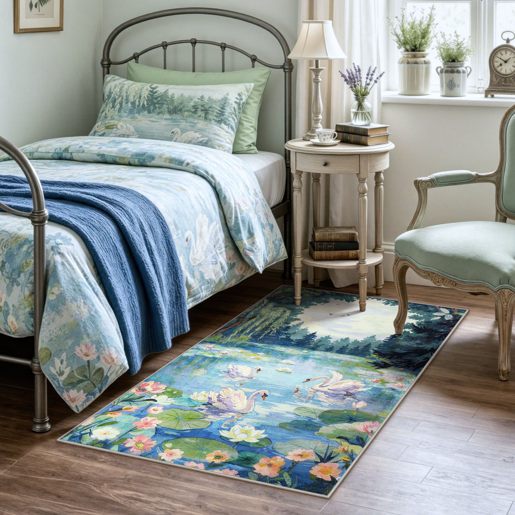 3x5/5x7 Swan Lake in oil painting style Area Rugs, Washable Living Room Runner Soft Non Slip Carpet, Oeko-Tex Certified