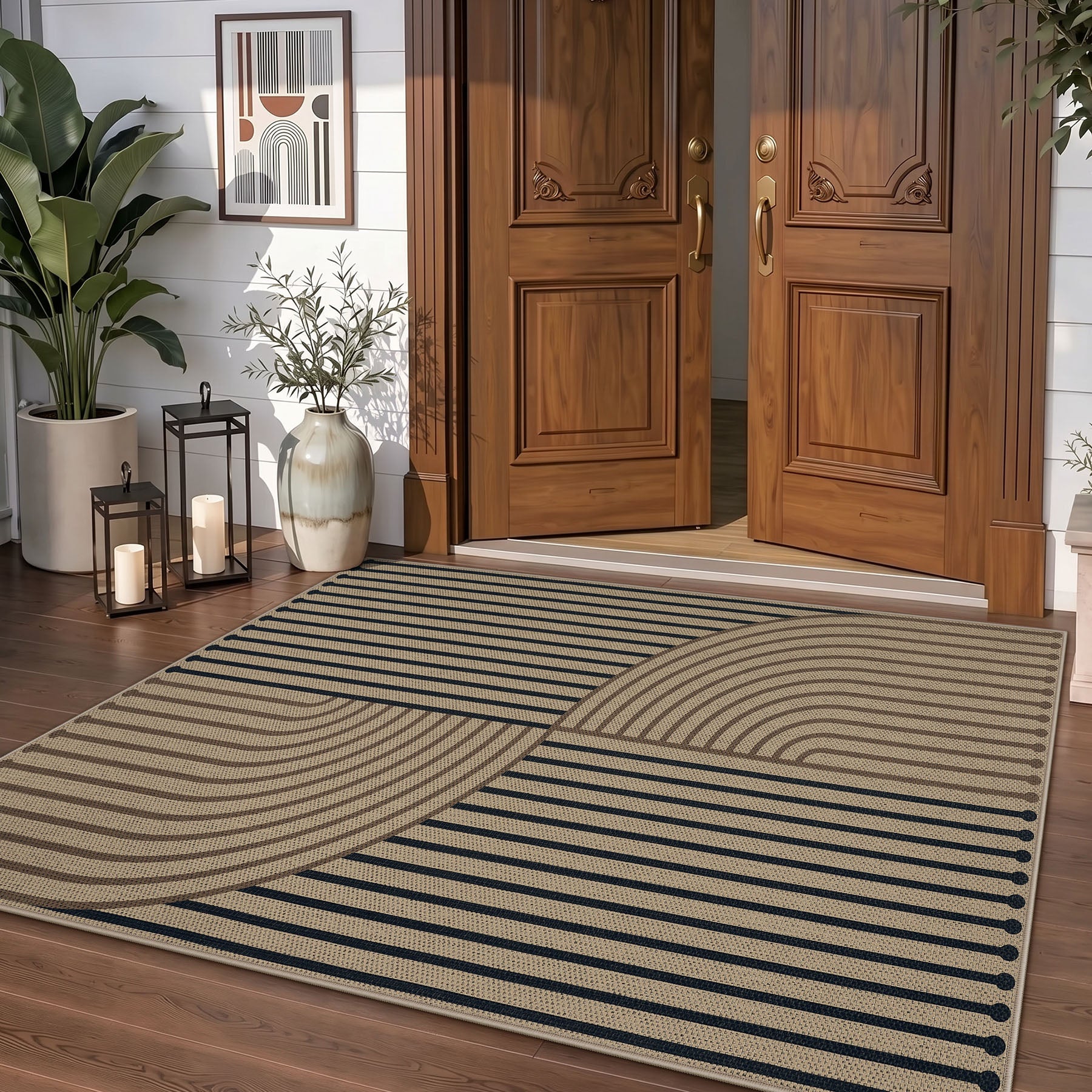 Boho Jute Washable Area Rug, Non-Slip Neutral Abstract, Indoor Outdoor Entryway Kitchen Patio Rug