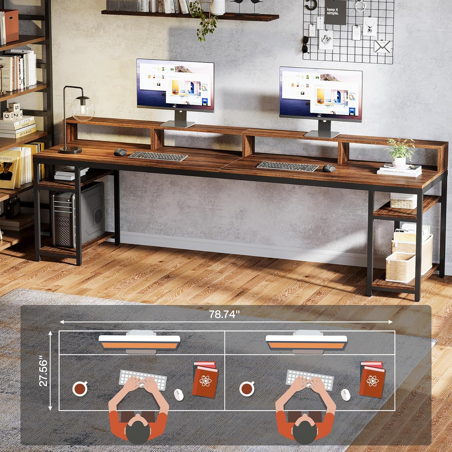 78.74" Extra Long Two Person Desk, Double Computer Desk with Storage Shelves