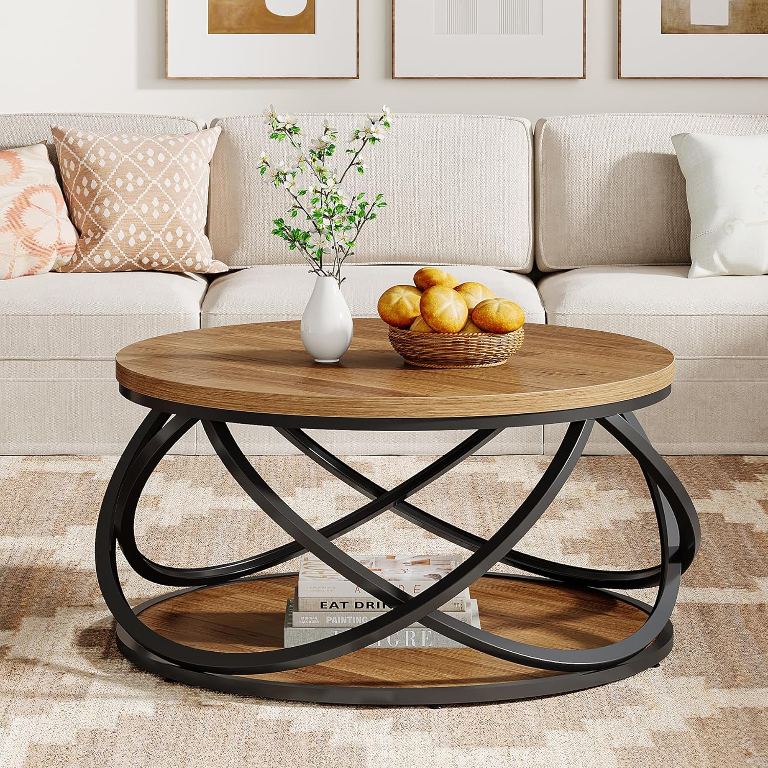 Round Coffee Table, 2-Tier Circle Center Table with Storage Shelves