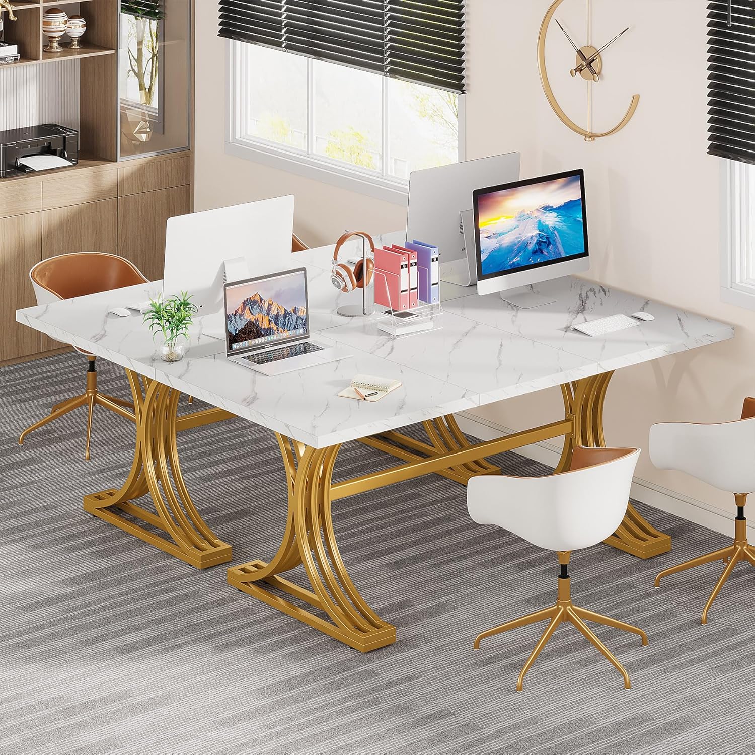 63" Computer Desk with Faux Marble Surface and Gold Metal Base, Modern Executive Desk