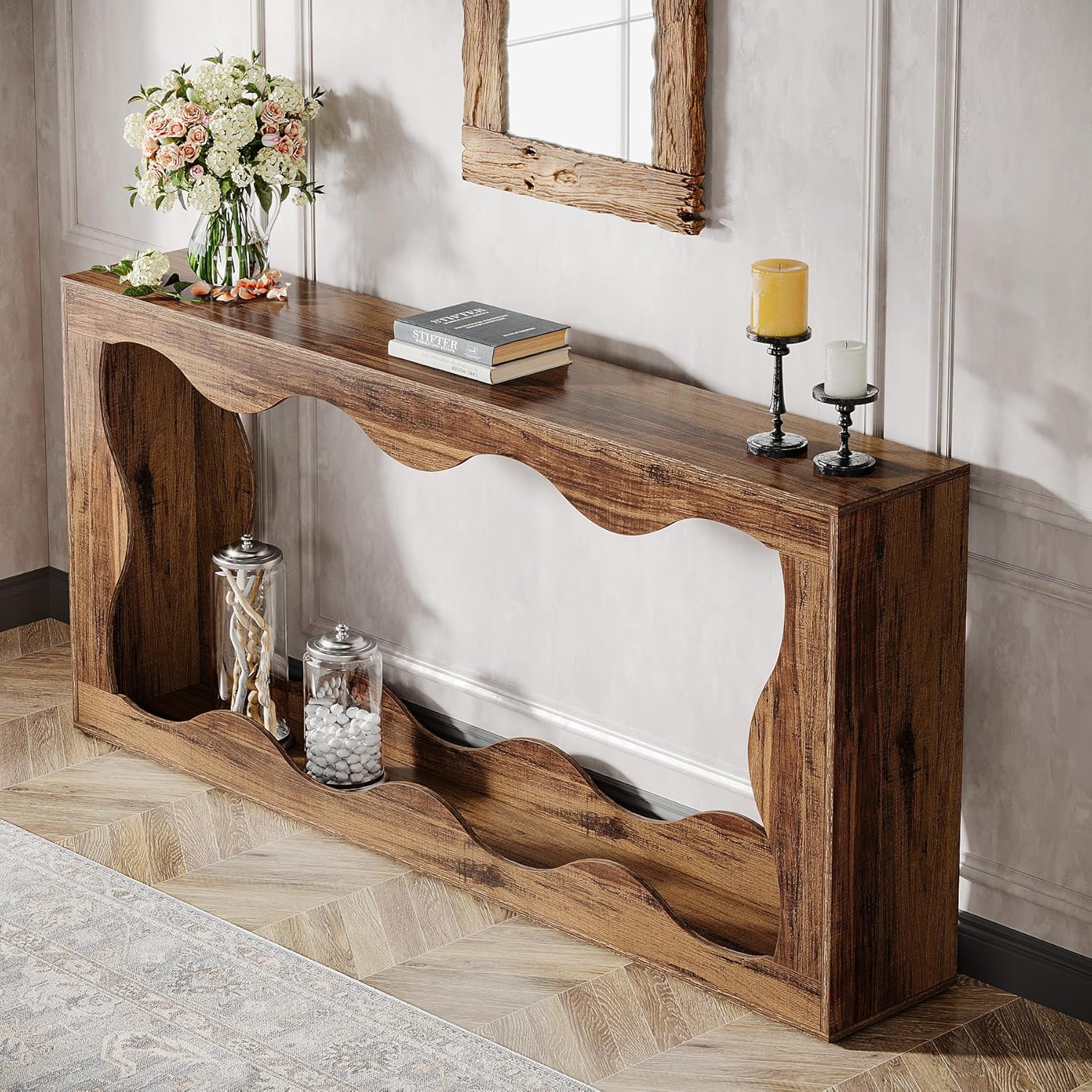 63 Inch Farmhouse Console Table with Storage, Narrow Sofa Table for Living Room and Entryway