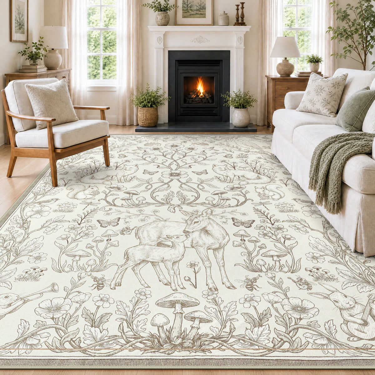 Whimsical Woodland Botanical Area Rug, Soft Low Pile Washable Non Slip Indoor Carpet