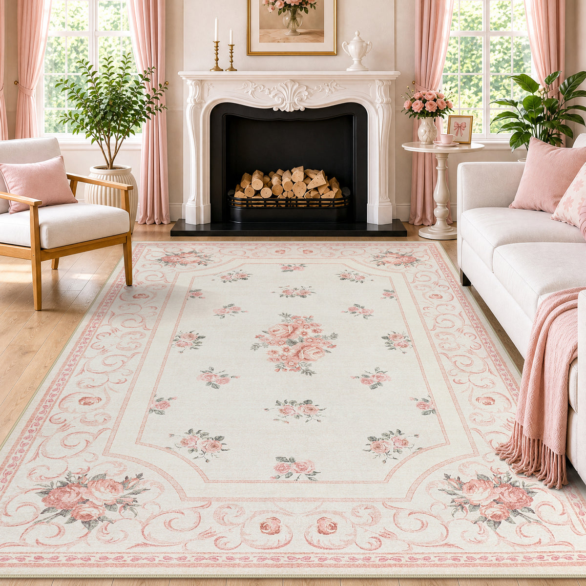 Boho Floral Area Rug,Washable Non-Slip Vintage Carpet for Living Room Bedroom