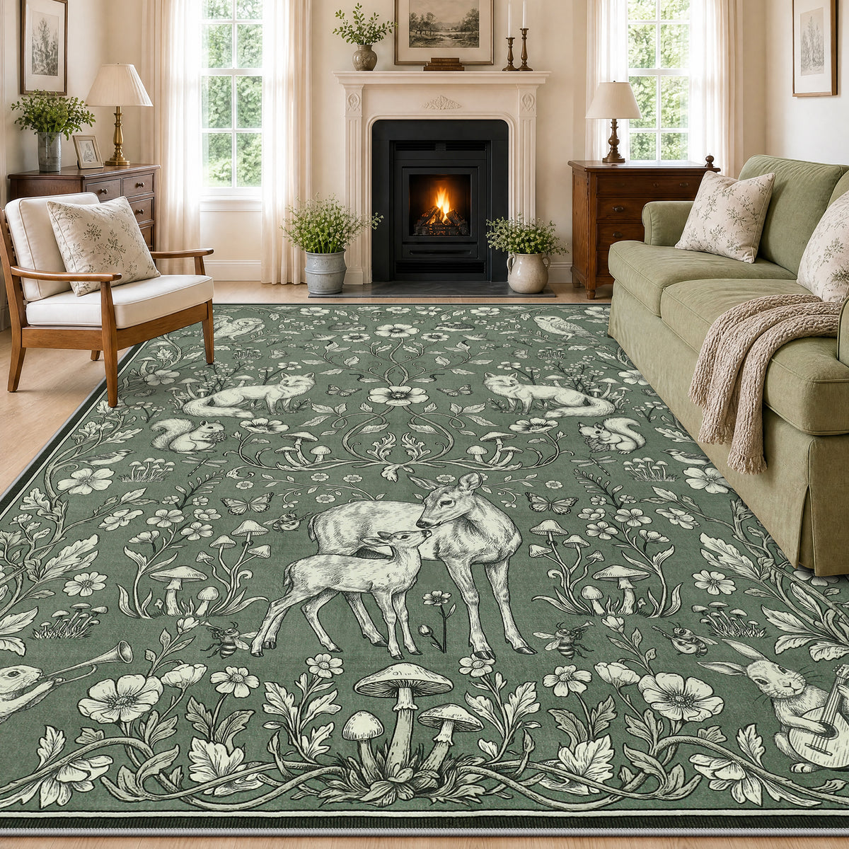 Whimsical Woodland Botanical Area Rug, Soft Low Pile Washable Non Slip Indoor Carpet