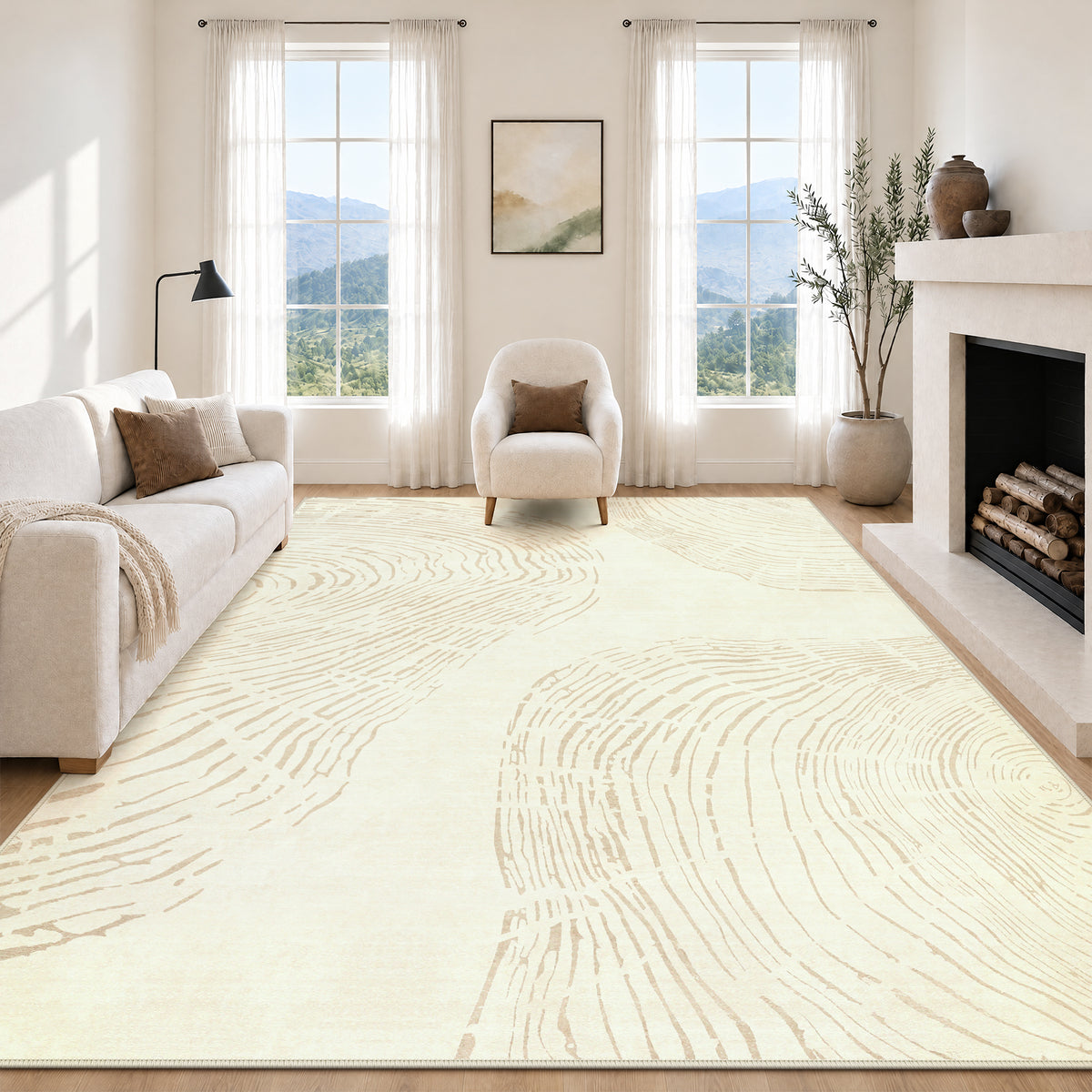 Abstract Machine Washable Area Rug, Soft Boho Minimalist Non-Slip Low Pile Carpet, Oeko-Tex Certified