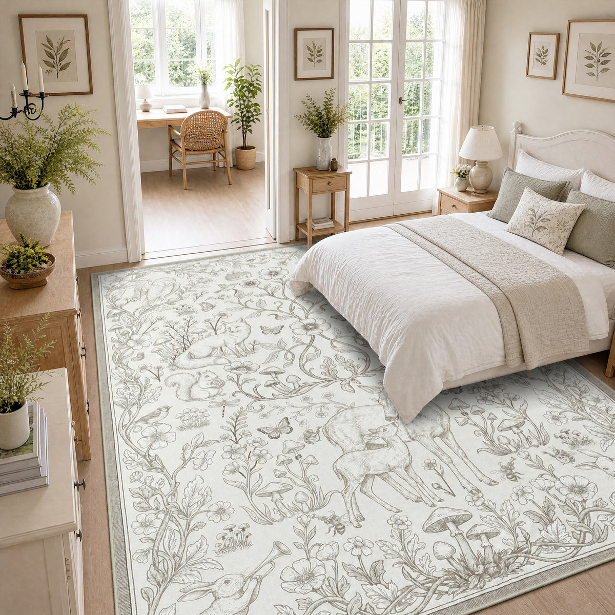 Whimsical Woodland Botanical Area Rug, Soft Low Pile Washable Non Slip Indoor Carpet