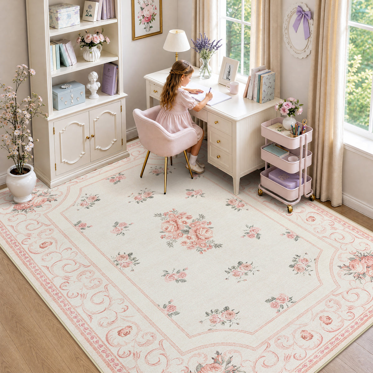 Boho Floral Area Rug,Washable Non-Slip Vintage Carpet for Living Room Bedroom