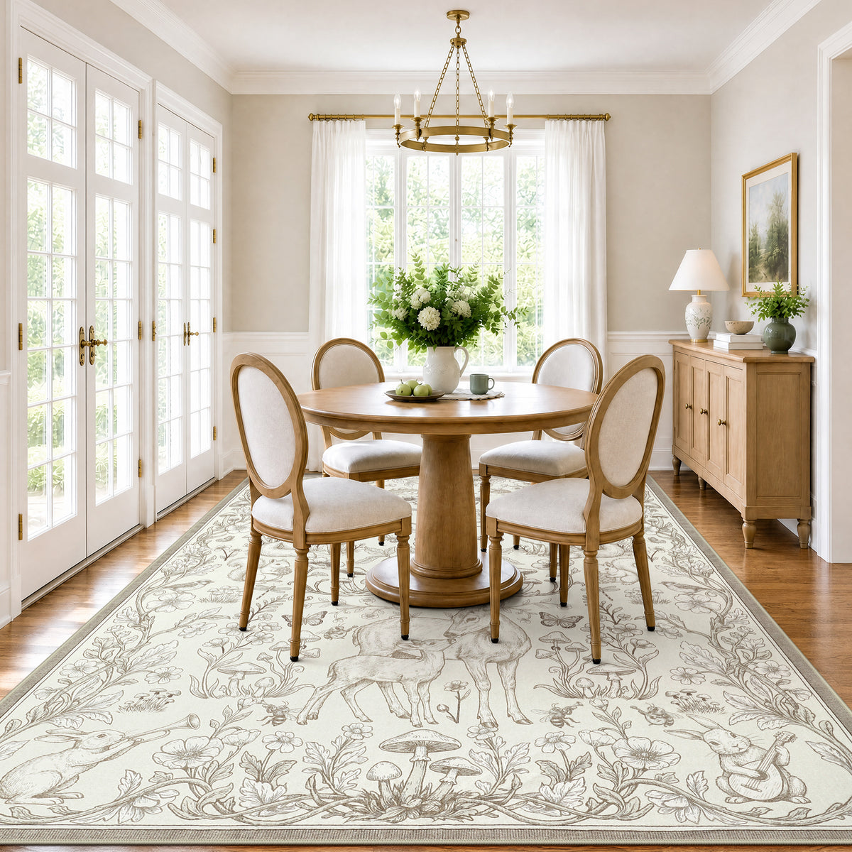 Whimsical Woodland Botanical Area Rug, Soft Low Pile Washable Non Slip Indoor Carpet