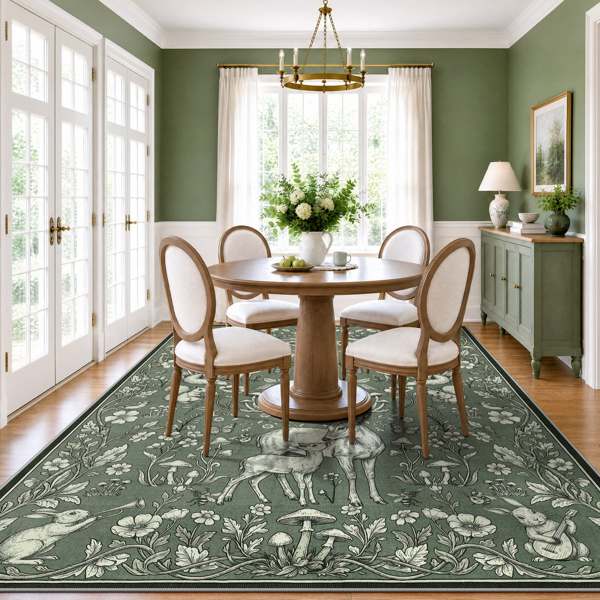 Whimsical Woodland Botanical Area Rug, Soft Low Pile Washable Non Slip Indoor Carpet