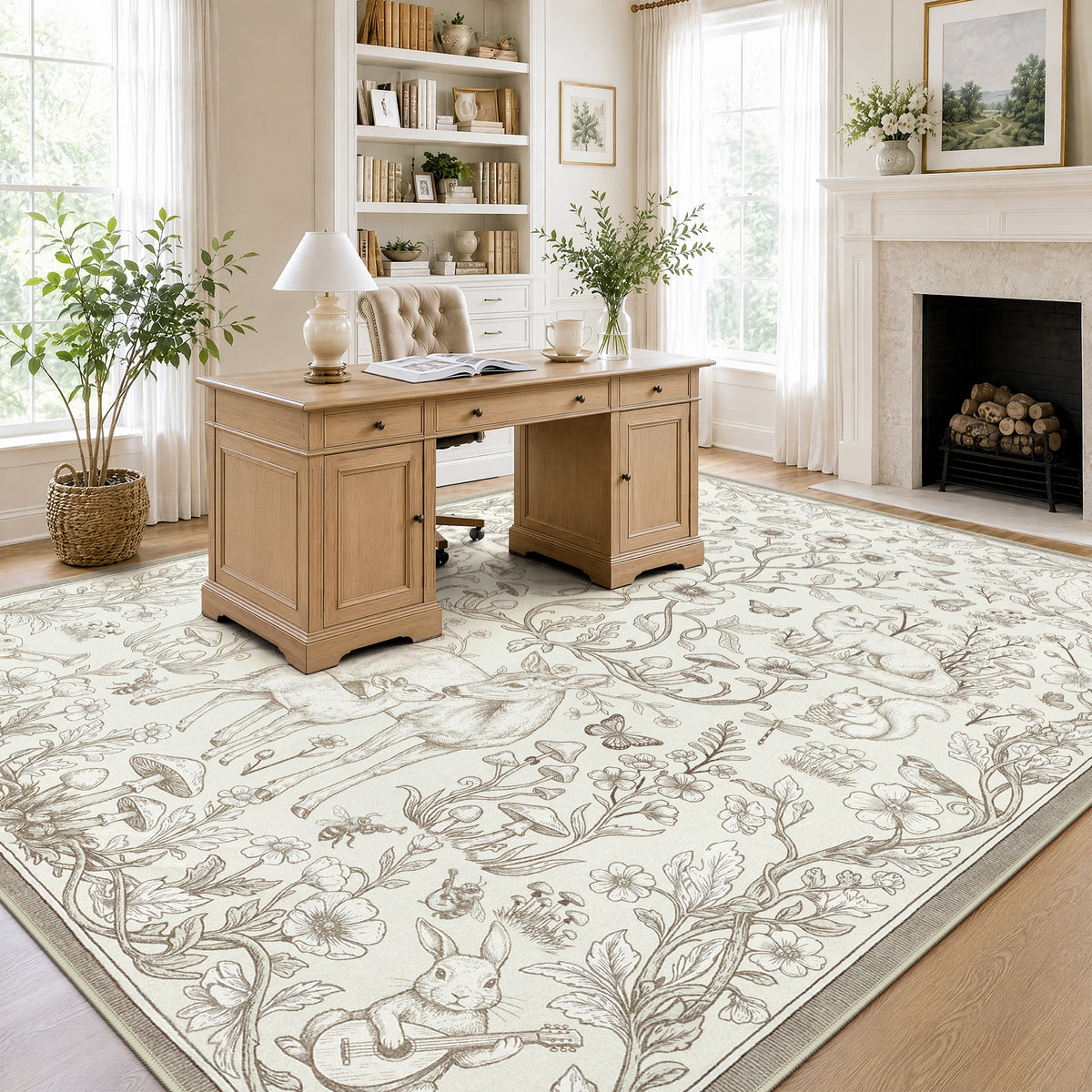 Whimsical Woodland Botanical Area Rug, Soft Low Pile Washable Non Slip Indoor Carpet