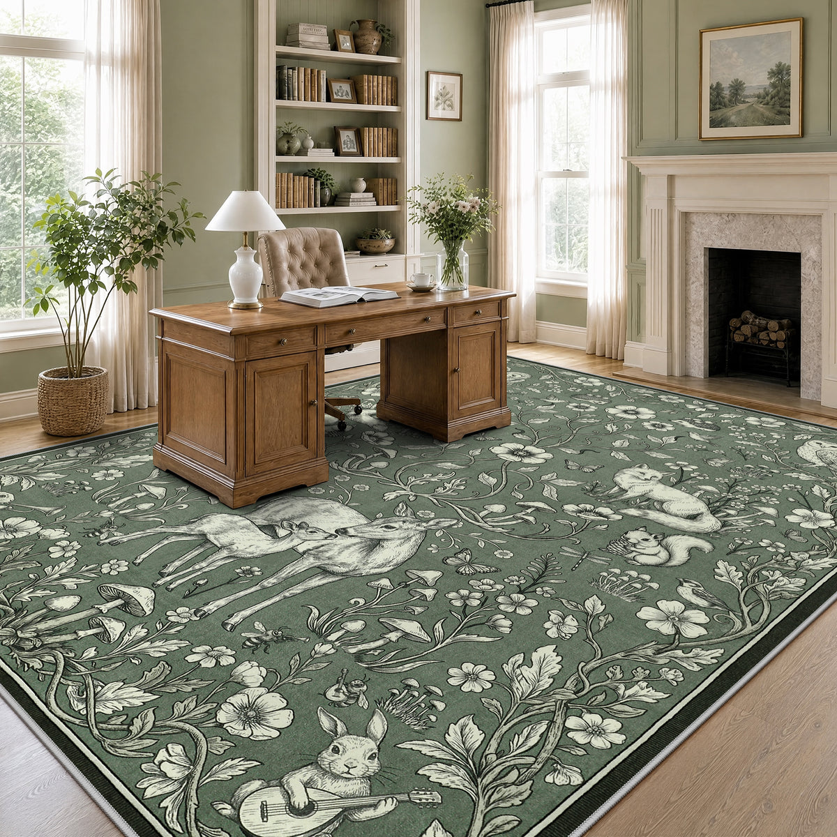 Whimsical Woodland Botanical Area Rug, Soft Low Pile Washable Non Slip Indoor Carpet