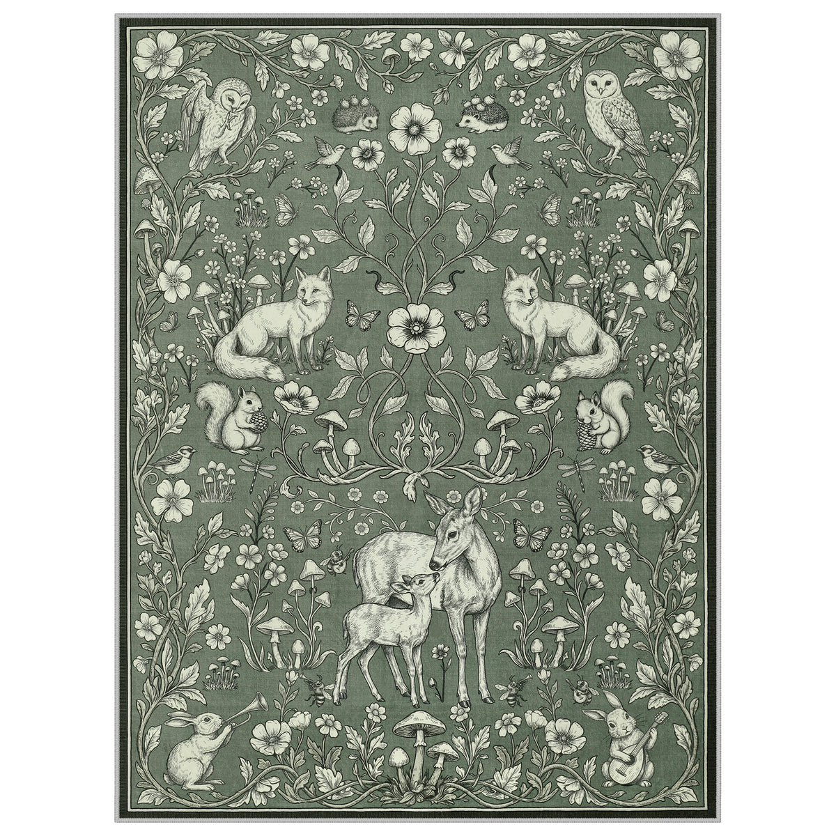 Whimsical Woodland Botanical Area Rug, Soft Low Pile Washable Non Slip Indoor Carpet