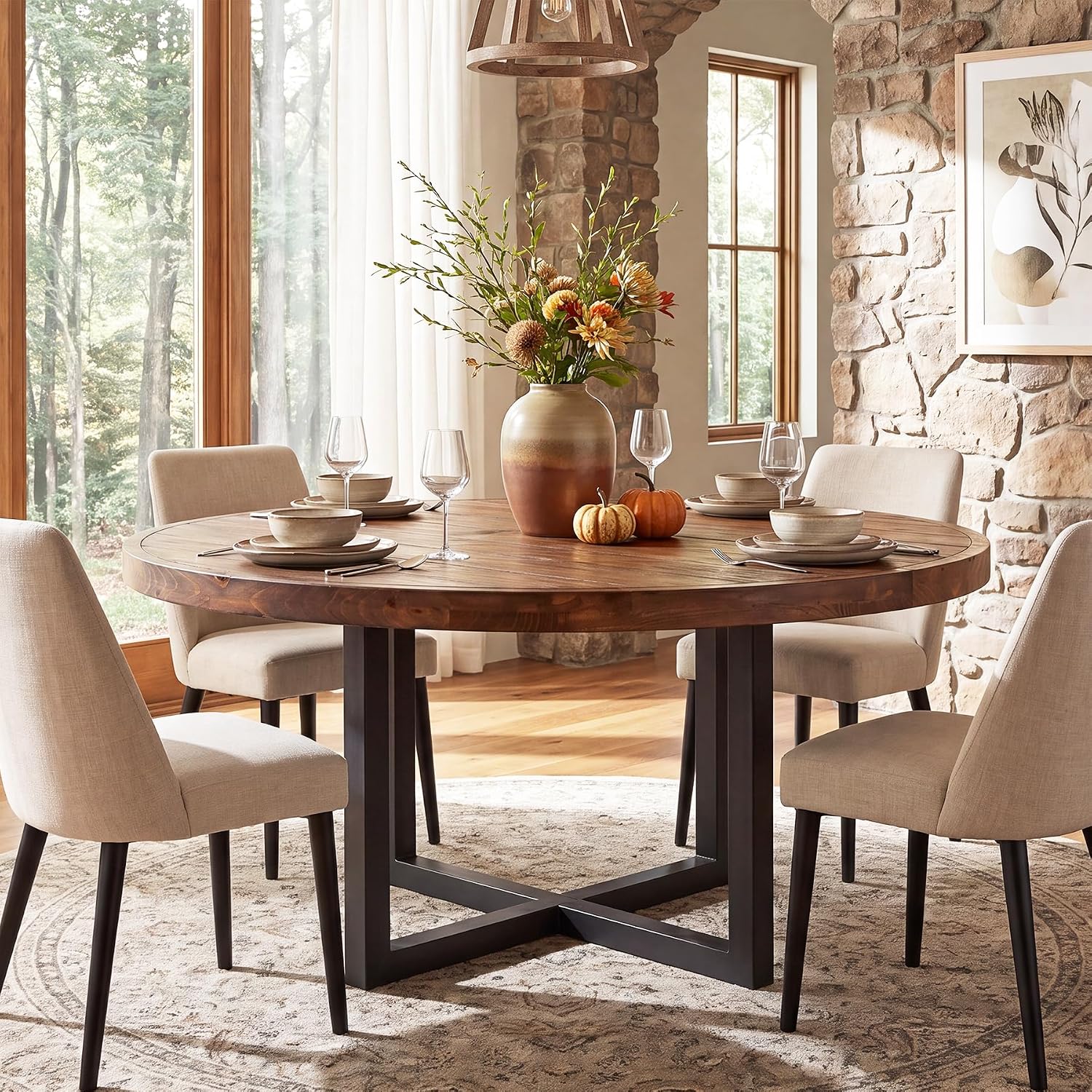 47" Round Dining Table, Solid Wood Kitchen Table with Metal Cross Base for 4-6
