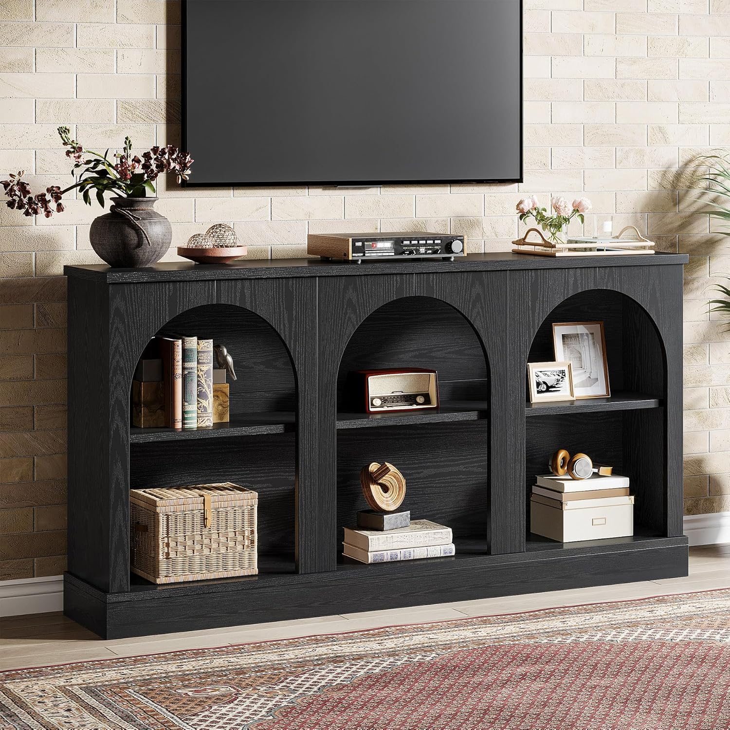 tv dresser black Amazon.com: BVIUNTWO Black TV Stand for TVs up to 70 Inch,Entertainment Center for 65+ inch TV Console Table with 6 Storage Cubby, Classic Television Stands for Living Room Bedroom, 65 Inch :