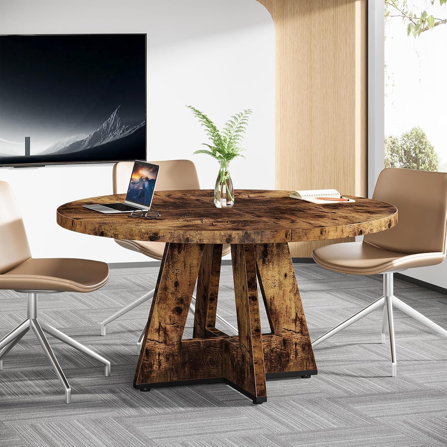 Tribesigns 47-Inch Round Conference Table for 4-6 People, Wooden Base and Thickened Top
