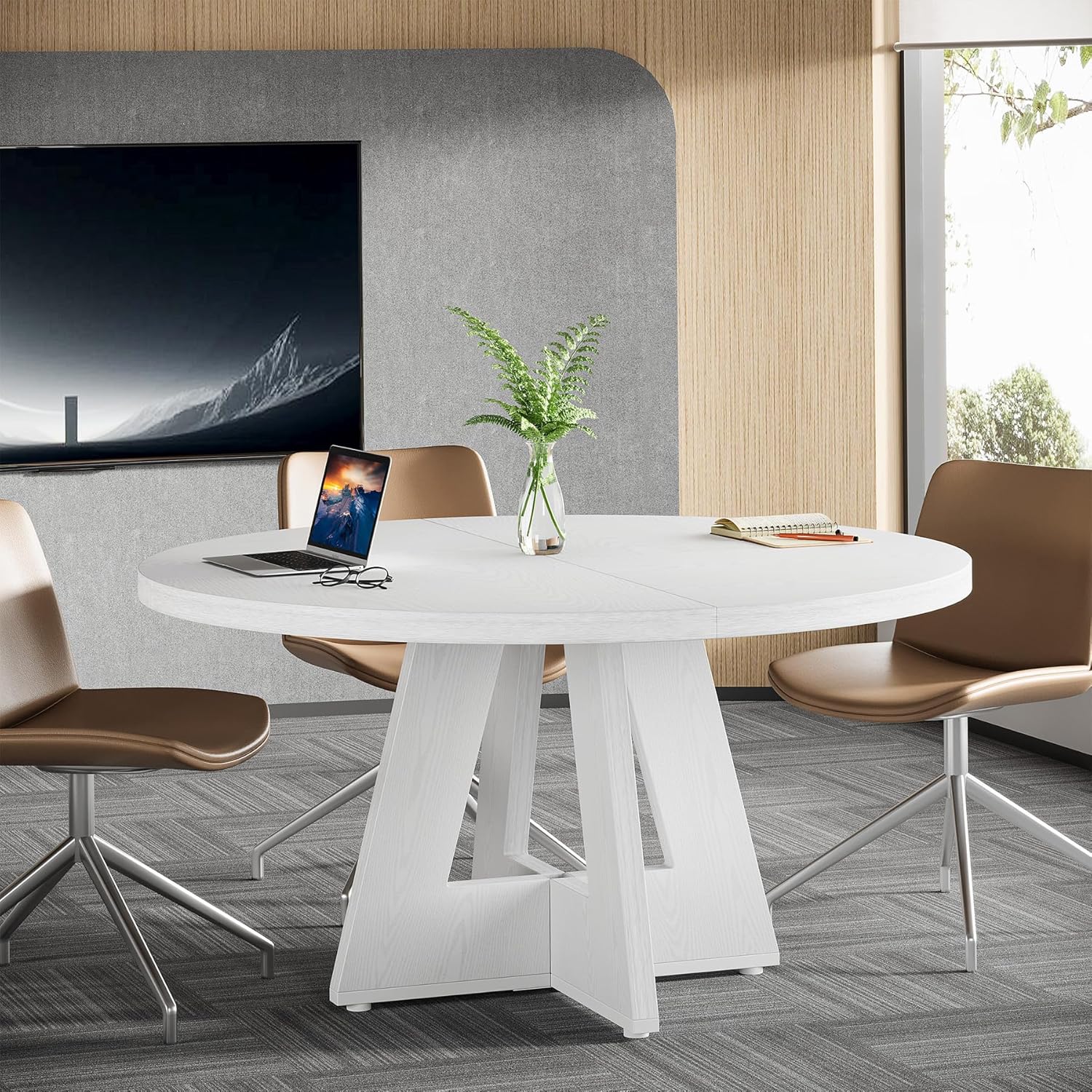 Tribesigns 47-Inch Round Conference Table for 4-6 People, Wooden Base and Thickened Top