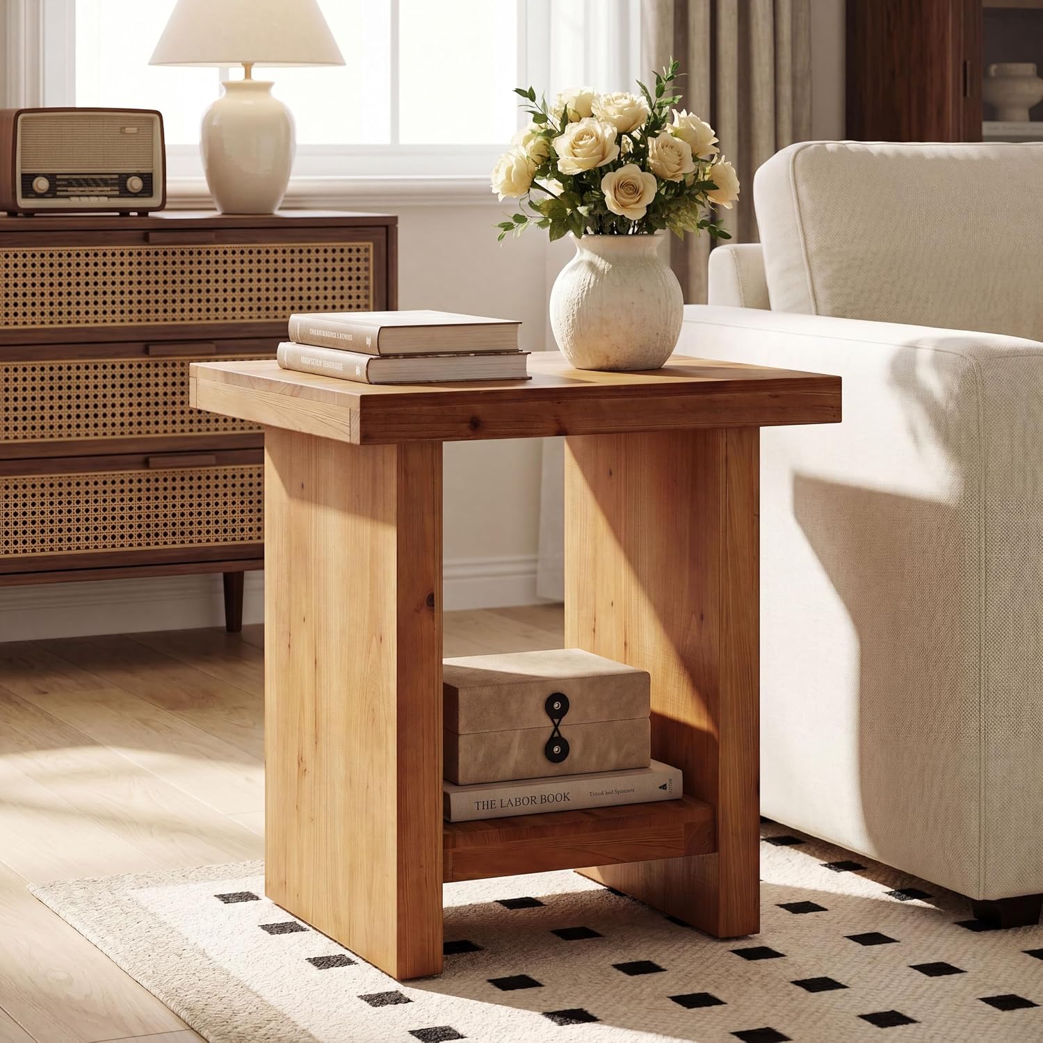 19.6" Solid Wood End Table, Farmhouse Side Table Nightstand with Open Storage