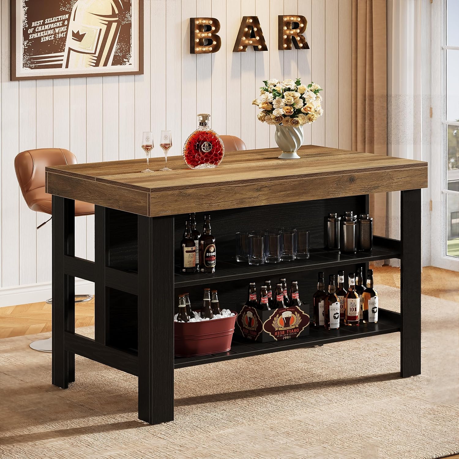 Home Bar Table Unit, 55" Counter Height Bar Cabinet with Storage Shelves